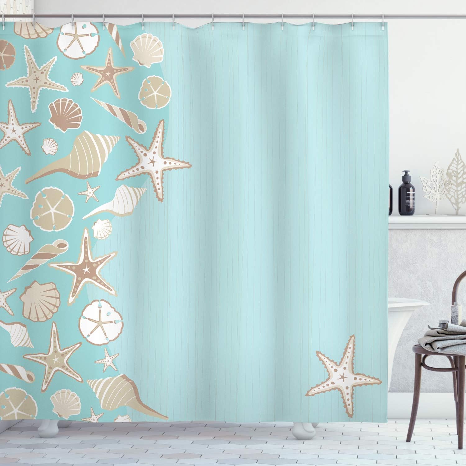 Ambesonne Shell Shower Curtain, Thin Lines and Various Creative Seashells Beach Party Theme, Cloth Fabric Bathroom Decor Set with Hooks, 69" W x 70" L, Seafoam Warm Taupe Grey Yellow White