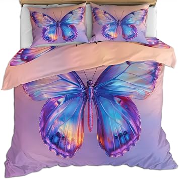 Purple Butterfly Duvet Cover King Size, Beautiful Butterfly Bedding Set 3 Piece Bedroom Decor Iridescent Patterned Comforter Cover with Zipper Ties & 2 Pillowcases
