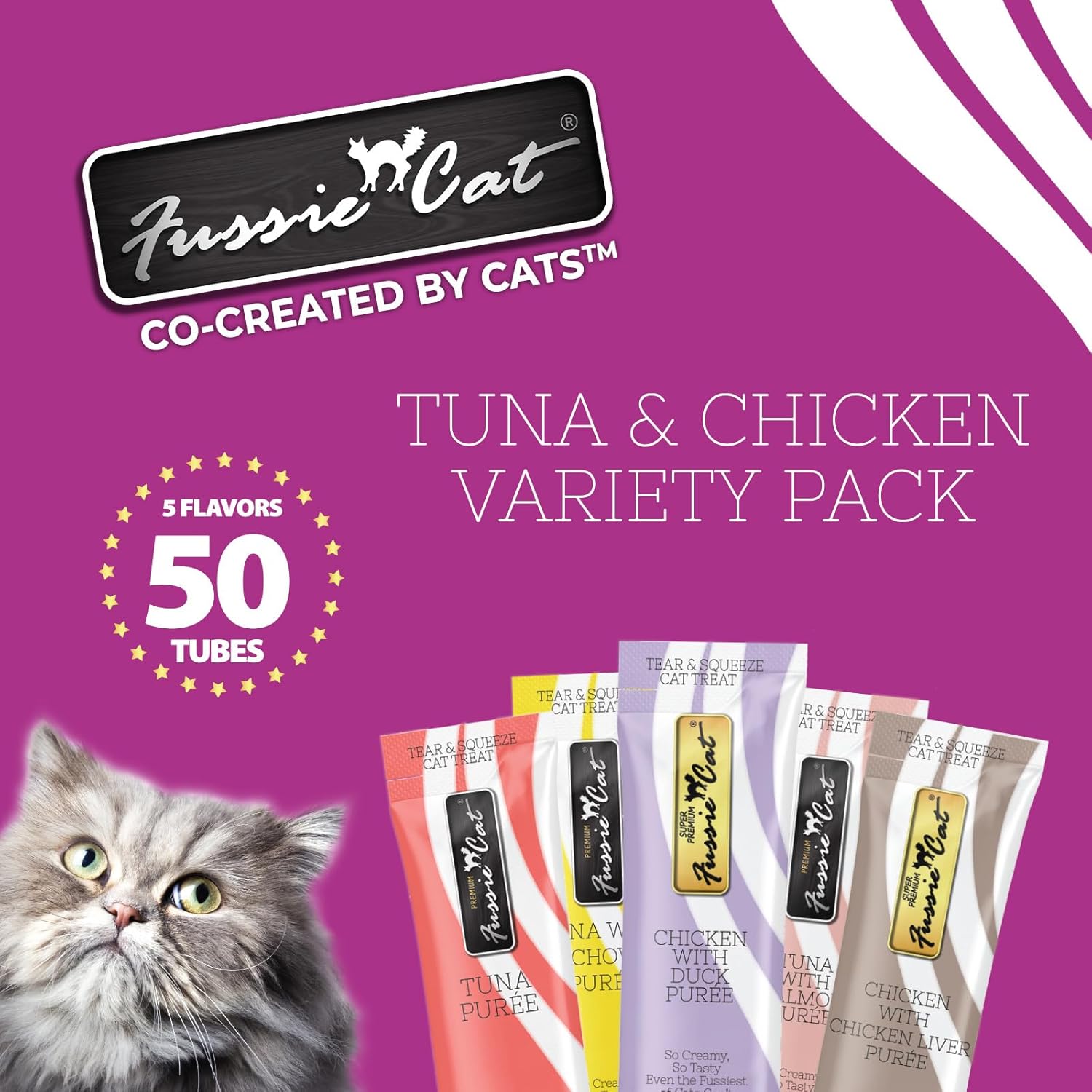 Fussie Cat, 0.5 Ounces Each, 50 Tubes, Tuna & Chicken Variety 5 Flavors