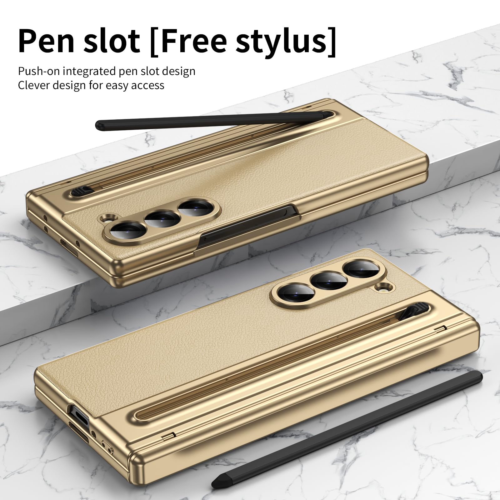 Per Samsung Galaxy Z Fold 5 Custodia con Supporto per S Pen, [Con Pellicola Protettiva in Vetro Temperato], Custodia in Pelle per Samsung Galaxy Z Fold5 con Protezione a Cerniera-Oro