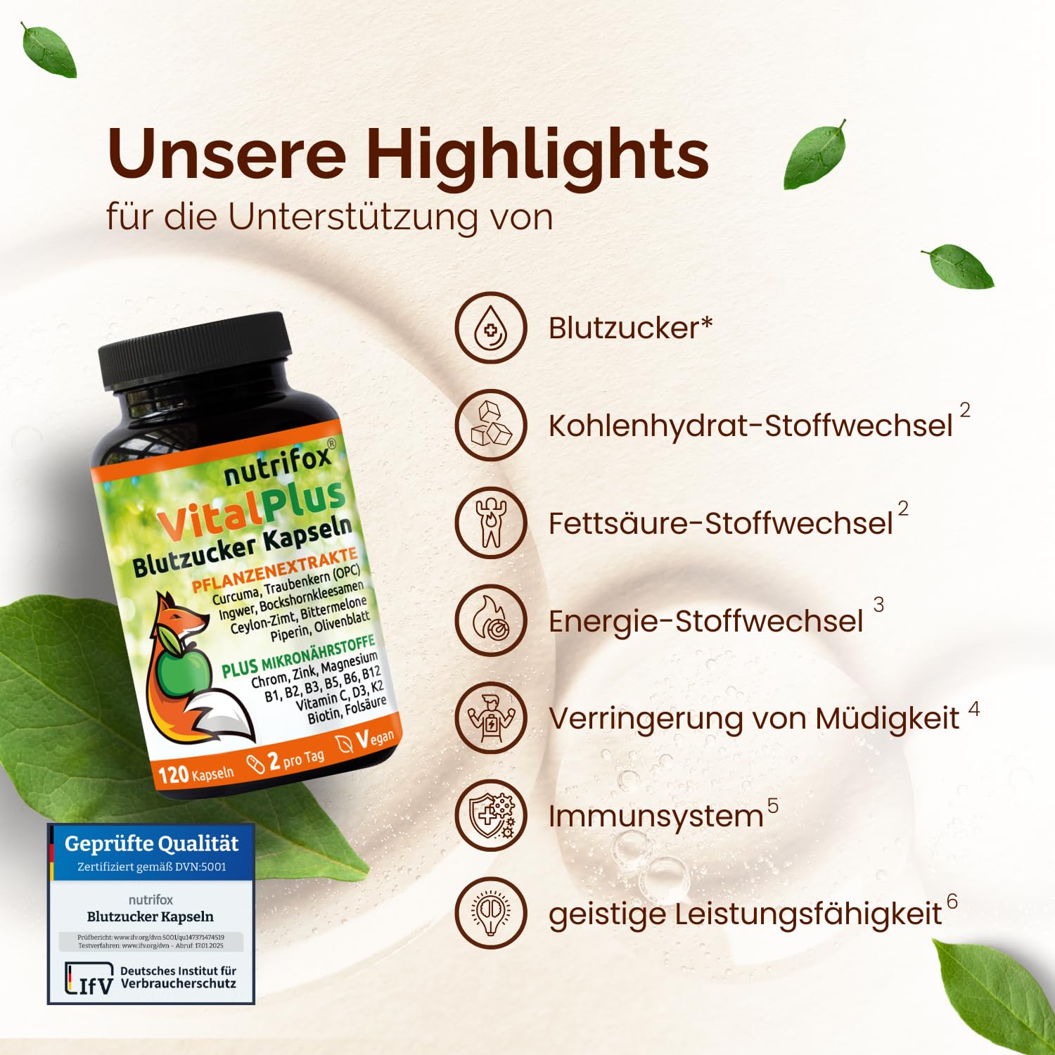 120 Blutzucker Kapseln Vital Plus (Ceylon-Zimt, Chrom, Zink, OPC, Bittermelone, Bockshornkleesamen, Kurkuma, Ingwer, Vitamin B Komplex, usw.) 2 Monate, von Beratern für Diabetes