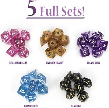 Wiz Dice Cup of Wonder: 5 Sets of 7 Premium Glitter Polyhedral Role Playing Gaming Dice for Tabletop RPGs with Black Bicast Leather Dice Cup by