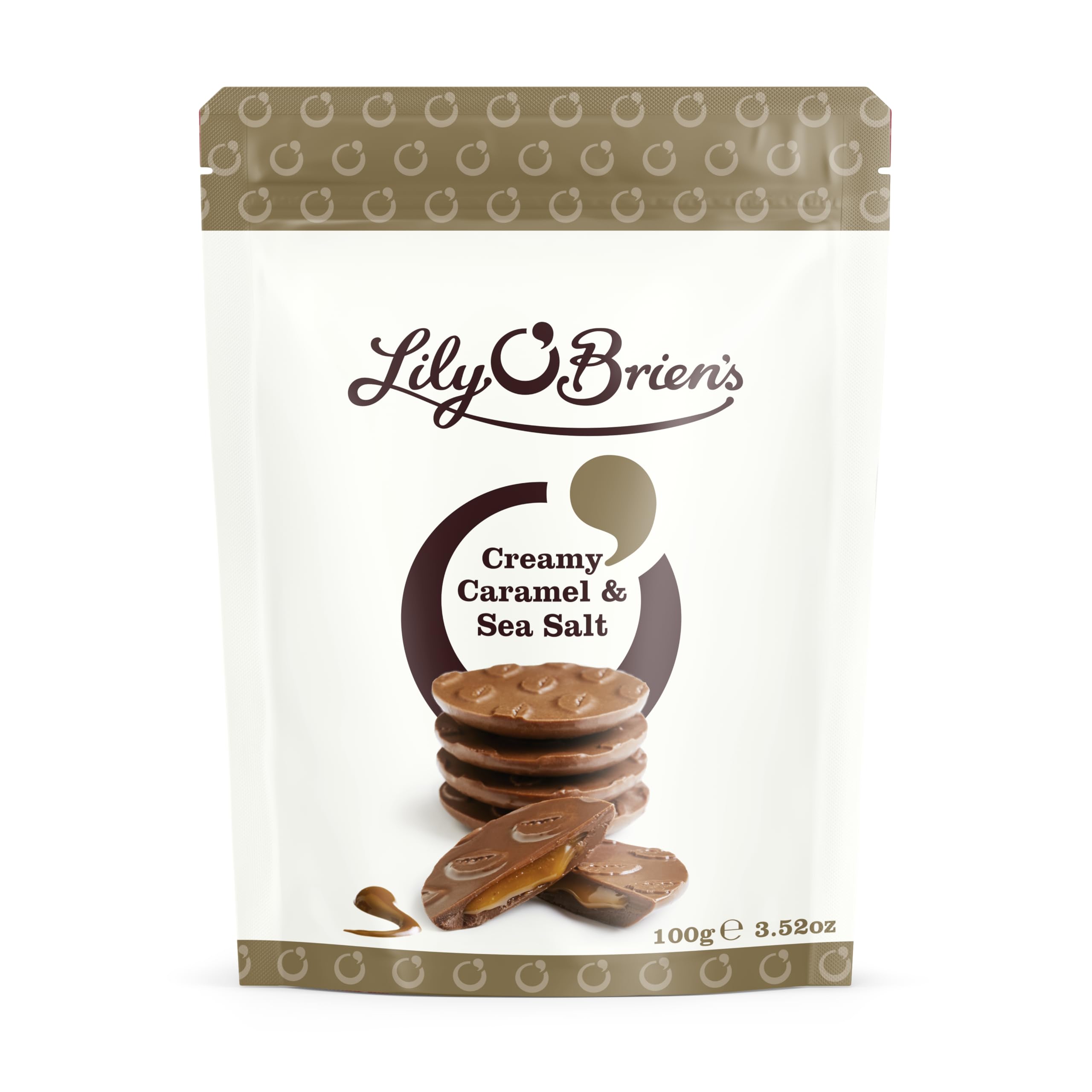 Lily O'Brien's Creamy Caramel and Sea Salt Share Bag 100g - Smooth and creamy caramel centre infused with a touch of sea salt - Premium share bag, ideal for hampers, snack, treat, sharing occasion.