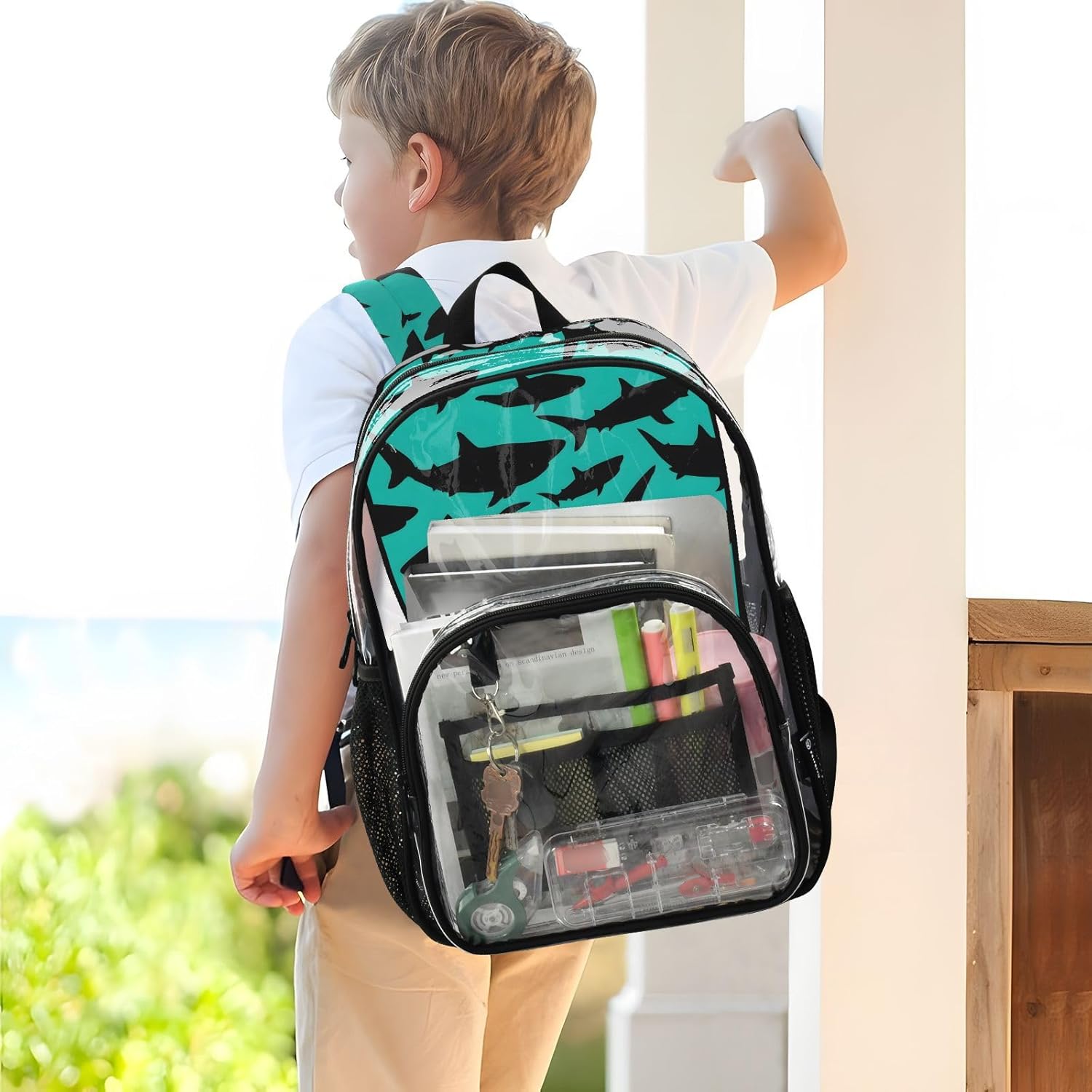 Black Shark Silhouette Blue Clear Backpack Heavy Duty See Through Transparent PVC BookBag for Kids Boy Girl Adult School Work