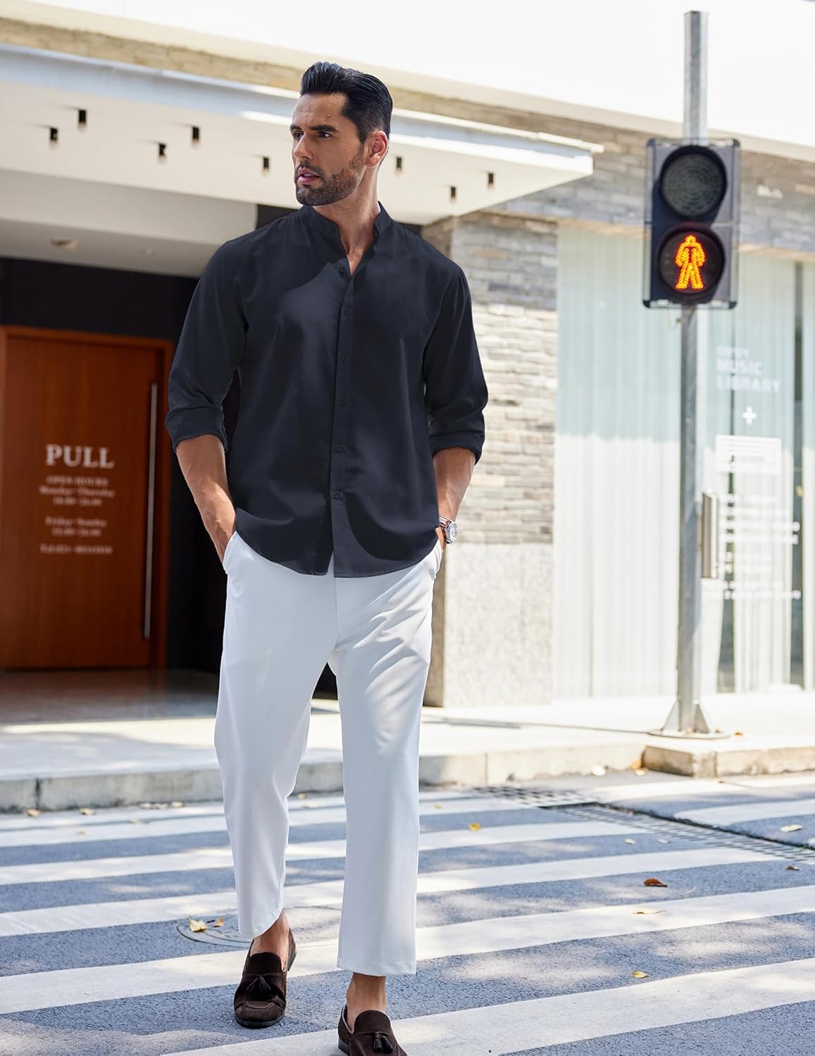 COOFANDY Men's Long Sleeve Oxford Dress Shirts Chambray Button Down Shirt Casual Band Collar Shirts - Image 3