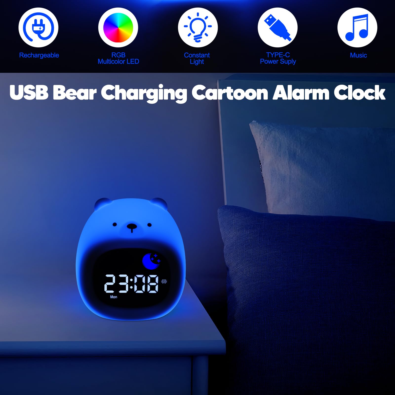 Jasfyee Kids Alarm Clock, Warm White + 8 Colors Bear Kids Clock, Animal Night Light Alarmclock, Natural Wake Up Light for Boys Girls - Image 3