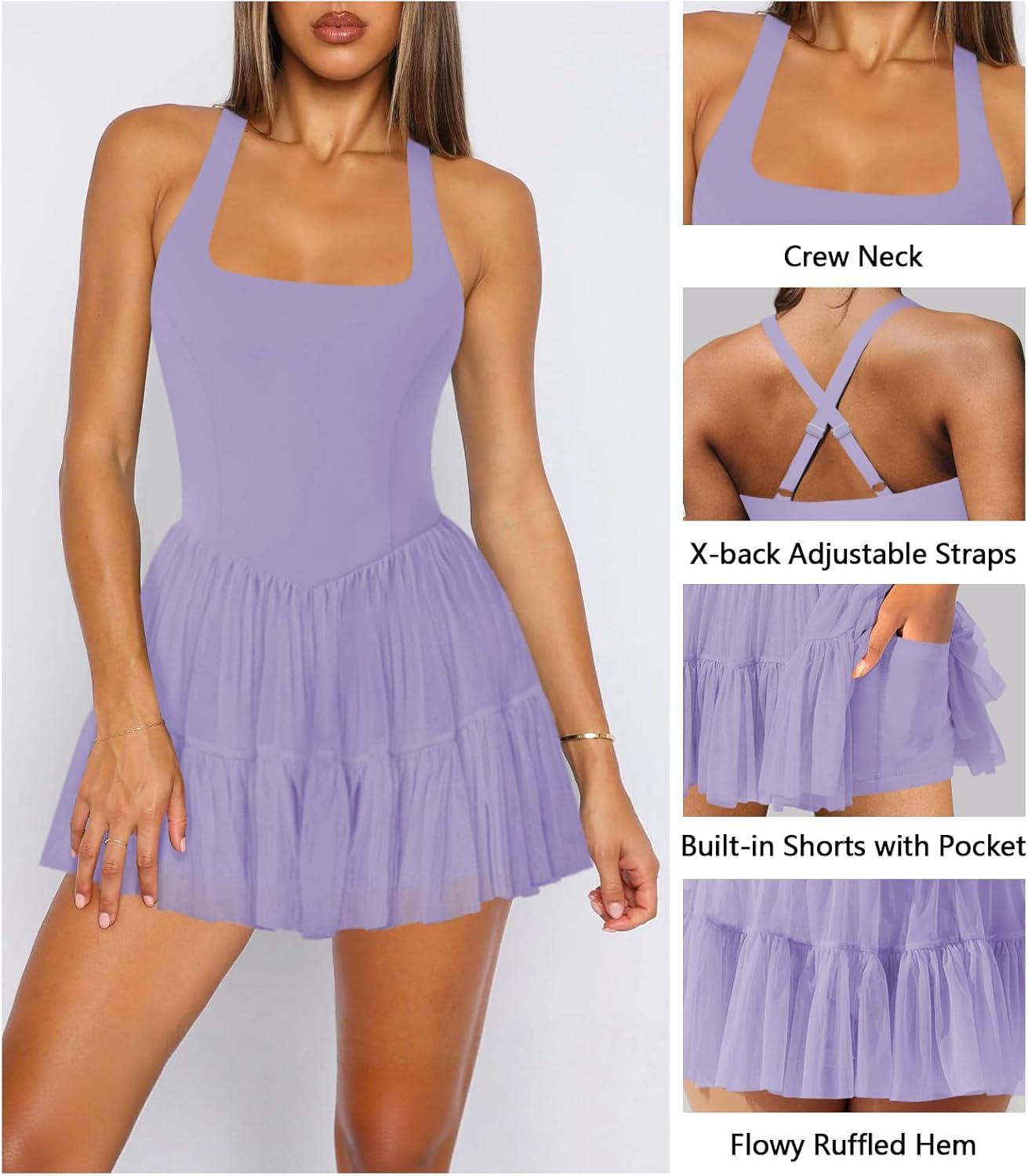 Women's Tennis Flowy Pleated Ruffle Athletic Dress for Women Halter Neck Sleeveless Mini Golf Dress with Shorts Pocket - Image 4