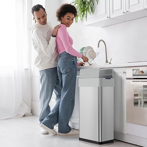 Miniatura 8 de Arlopu Basurero automático de 18.5 galones, cubo de basura con sensor de movimiento de acero inoxidable de 70 L, papelera cepillada sin contacto,