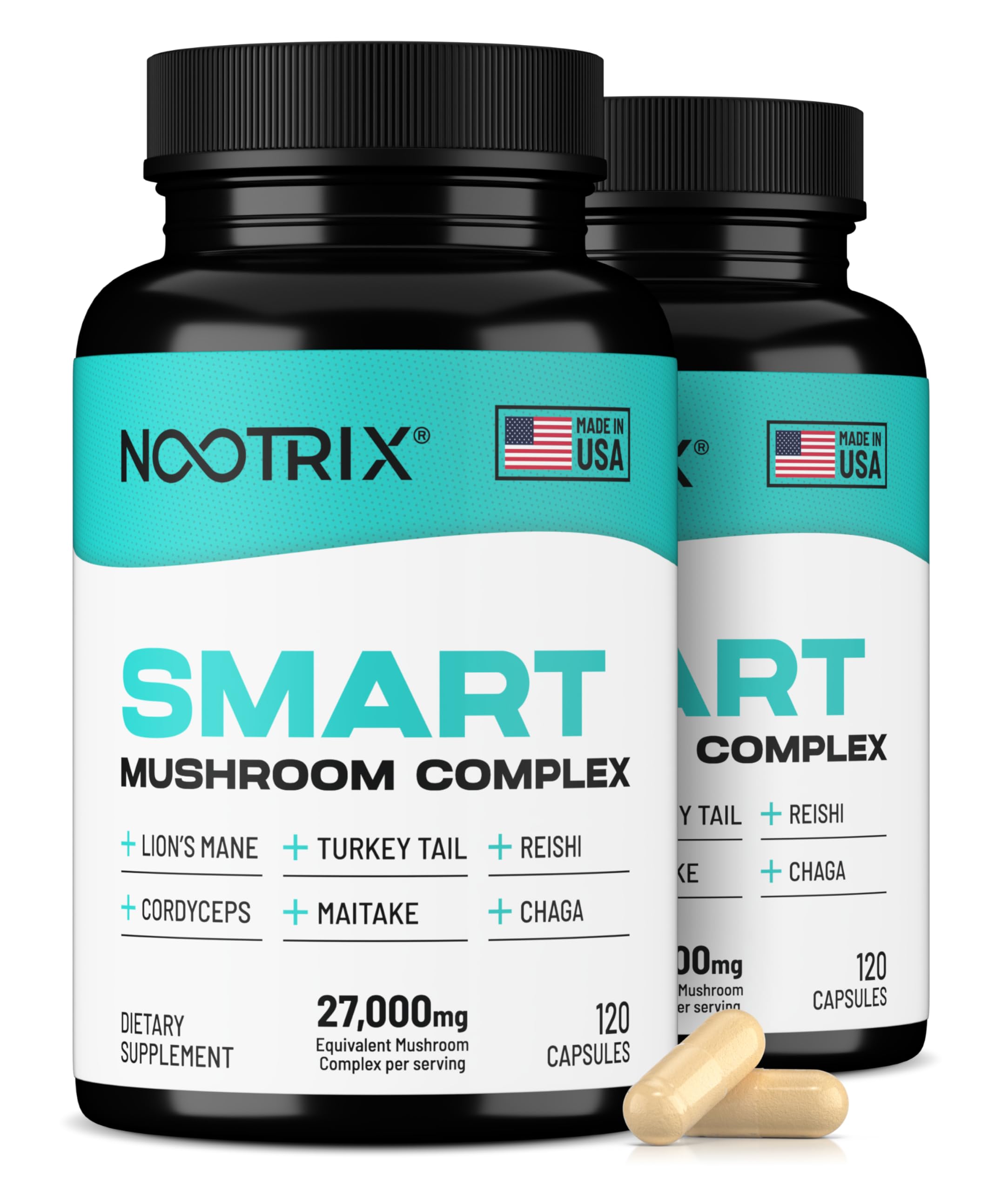 Nootrix Smart Mushrooms Complex Supplement | Supports Memory, Mental Focus, Cognitive Health & Energy | 27,000mg Organic Mushrooms | Lions Mane, Reishi, Cordyceps, Chaga & Turkey Tail | 240 Capsules