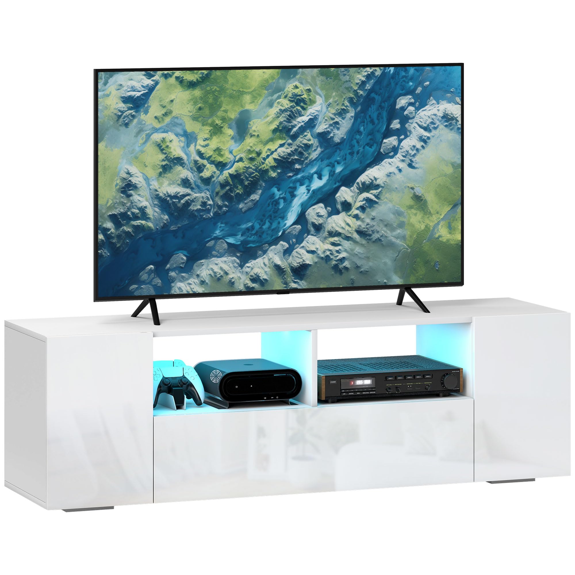 HOMCOM Mobile TV 60" max in Truciolato, Mobiletto TV con 3 Ripiani, 2 Armadietti e Luci LED, 137x35x42 cm, Bianco Lucido
