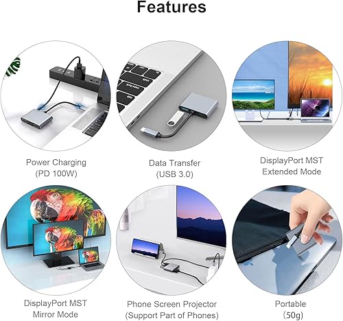 Miniatura 6 de Concentrador USB 3.0 para puerto tipo C, adaptador 4 en 1 con DisplayPort MST y puertos HDMI 4K duales, estación de base para tablet y teléfono,