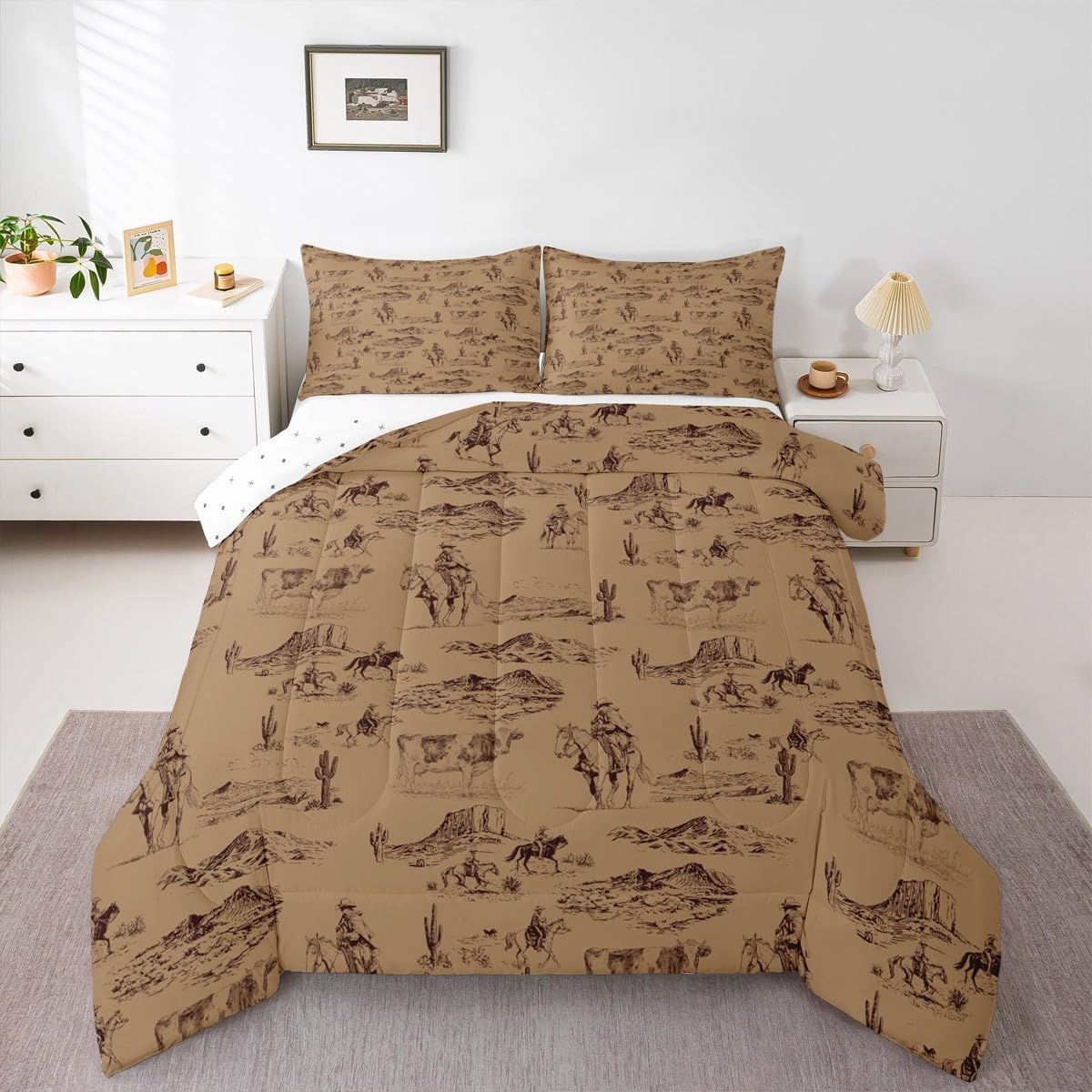 Feelyou Western Decor Comforter Set for Kids Boys Girls Wild West Cowboy Comforter Full Size Rodeo Cowboy Style Bedding Set Bedroom Decor White Duvet Set Quilt Set 3Pcs