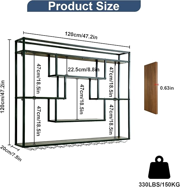 120cm Portabottiglie da Parete con luce LED, Metallo Porta Bottiglie Vino Con Portabicchieri, Grande Espositore per Bottiglie di Vino, Per Bar Domestico, Sala da Pranzo - 2