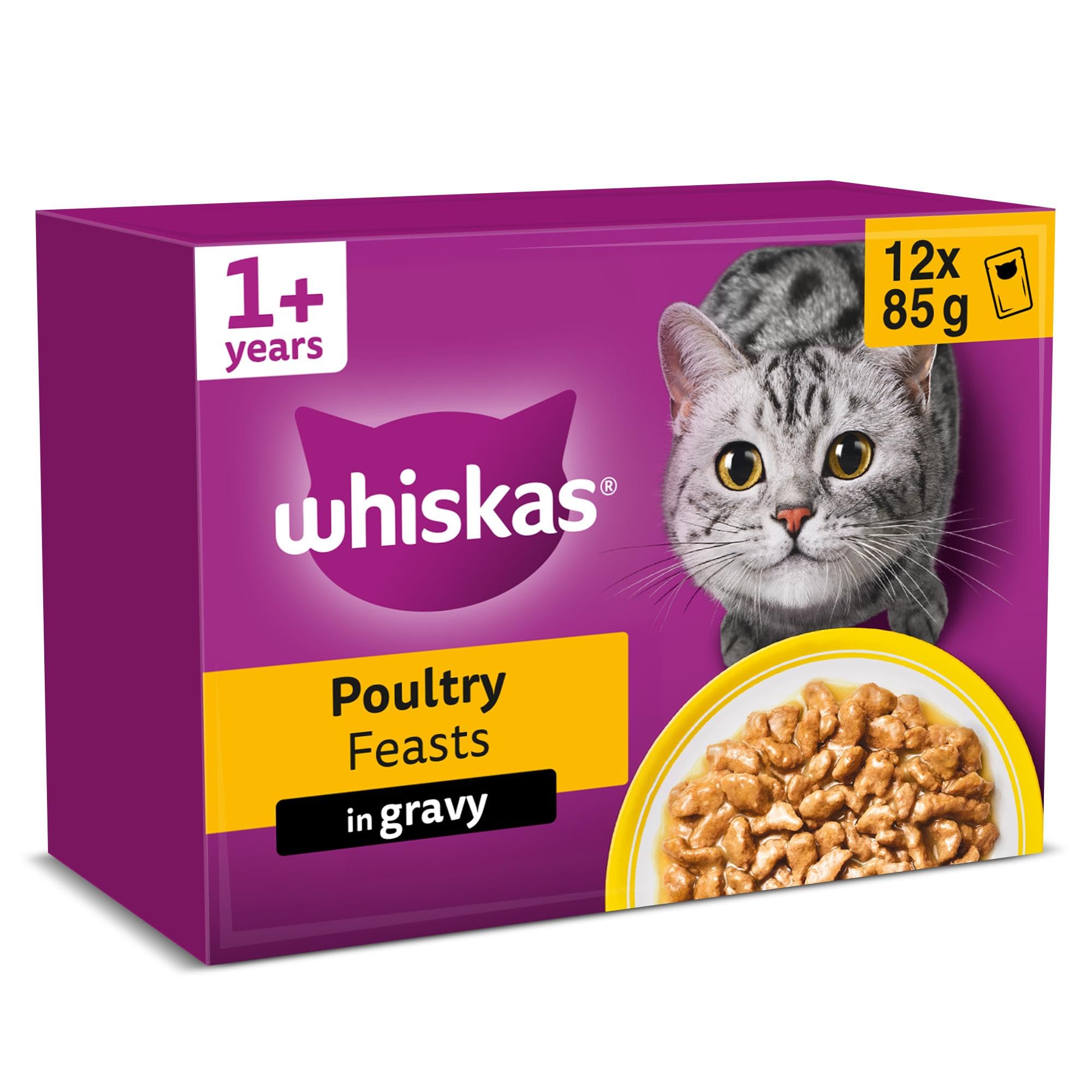 WHISKAS Adult Wet Cat Food in Gravy 12x85g Poultry Feasts (Pack of 4)