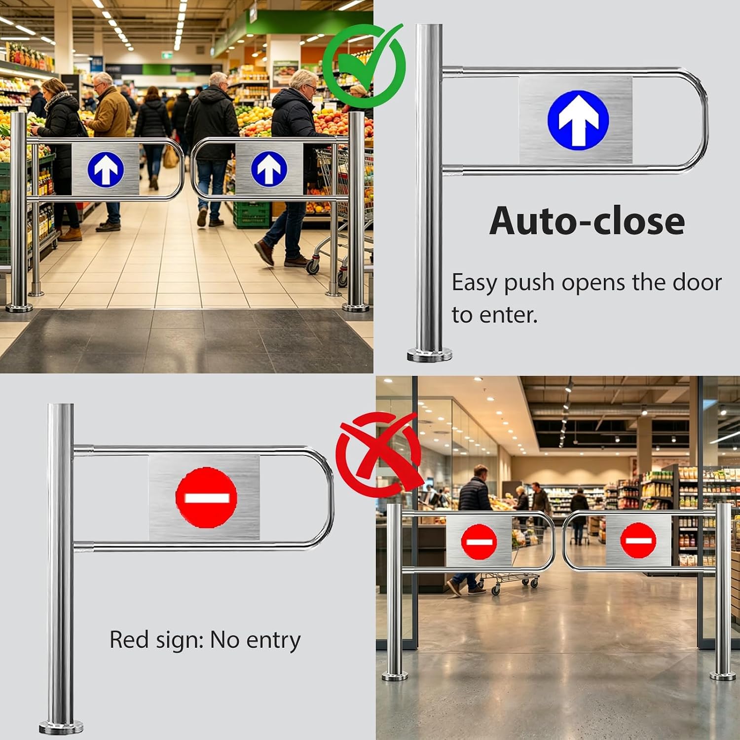 Uniwersalna Brama Skrzydłowa Ze Stali Nierdzewnej do Wejść do Supermarketów Automatyczna Brama Skrzydłowa Ze Sprężyną Cicha Praca Automatyczne Resetowanie Jednokierunkowy 50x100cm Left Right