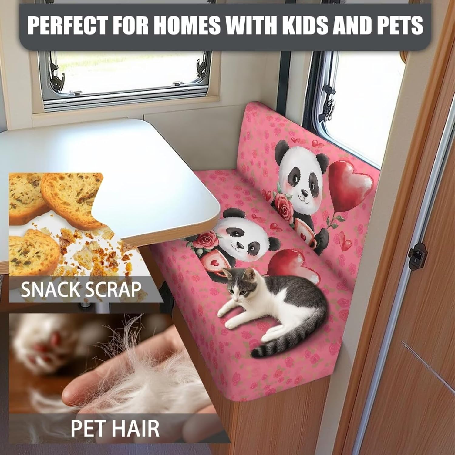 Rv Dinette Cushion Covers Set of 2 Valentine's Day Panda Slip Covers for Rv Furniture Smooth Printed Camper Cushion Slipcover for Sofa, Couch, Bench, RV Seat