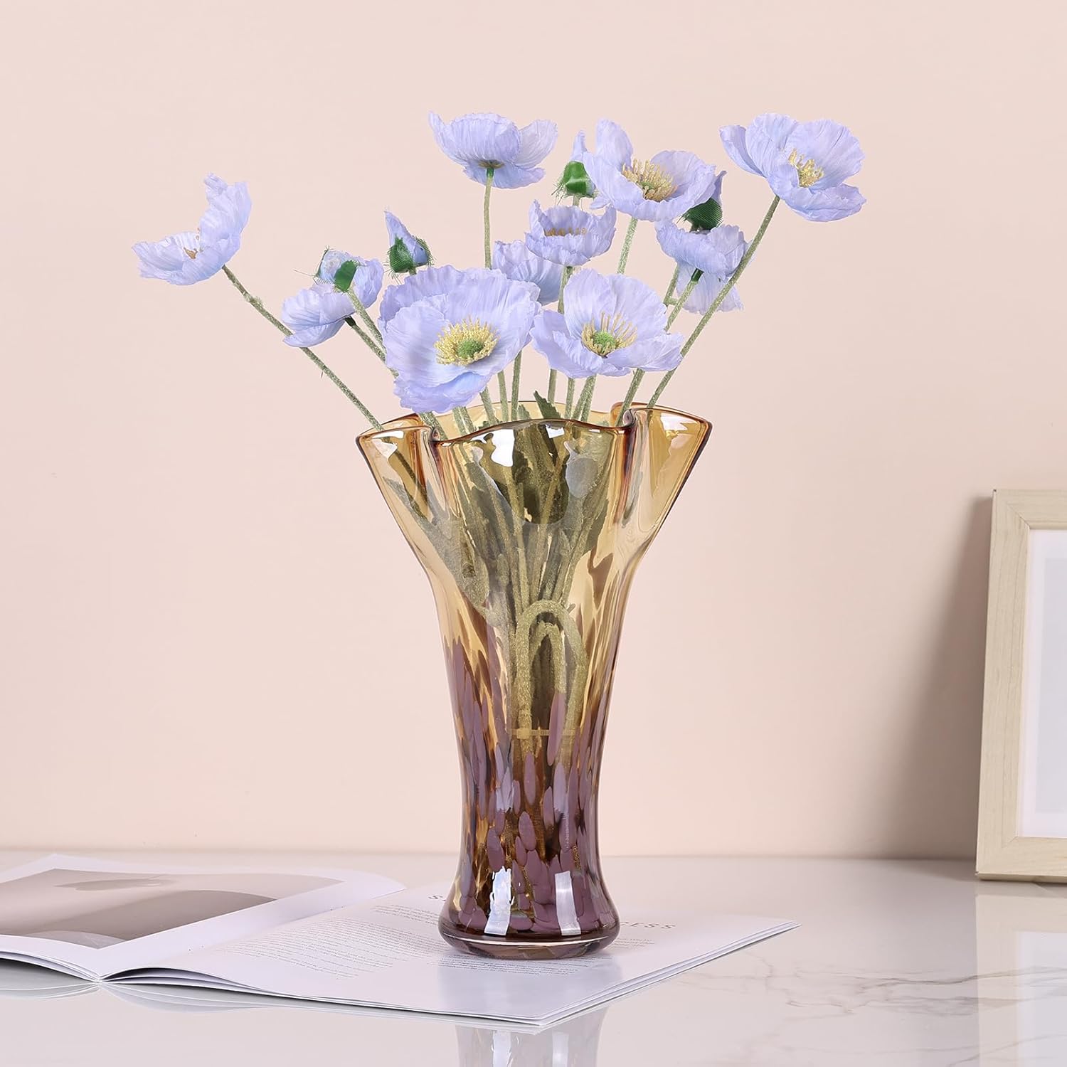 Hand Blown Glass Vase for Flowers, Murano Style Fluted Art Gold Amber Glass Vase, Wide Mouth Colorful Decorative Vase for Centerpieces, Home Decor for Living Room Dining Table Bookshelf Office - Image 5