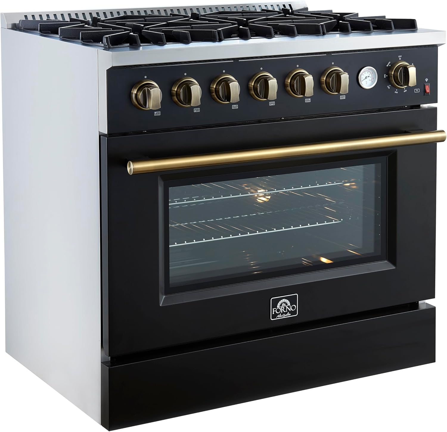 Forno Marco 36 Inch Gas Range with Antique Brass Accents, 6 Sealed Burners 67,000 BTU, Large 5.36 cu.ft. Convection Oven with Temperature Gauge, Professional Freestanding Kitchen Stove - Black