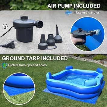 Inflatable Pool w/Seats & Headrests, 8ft x 8ft, with Electric Pump and Ground Tarp Included - Fast Setup and Reinforced Seams