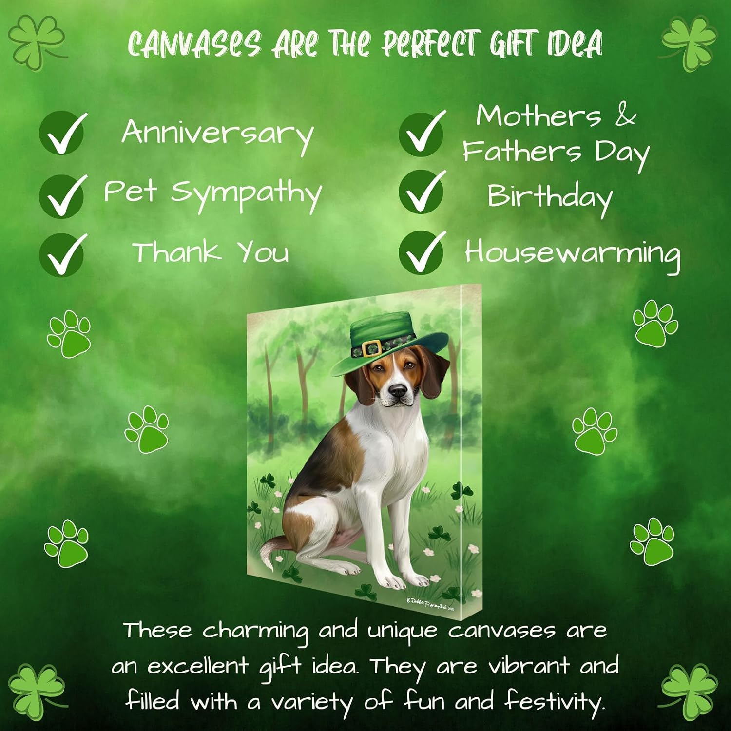 St. Patricks Day with American English Foxhound Dogs Canvas Wall Art - Premium Quality Ready to Hang Room Decor - Flat Rolled 8" x 10"