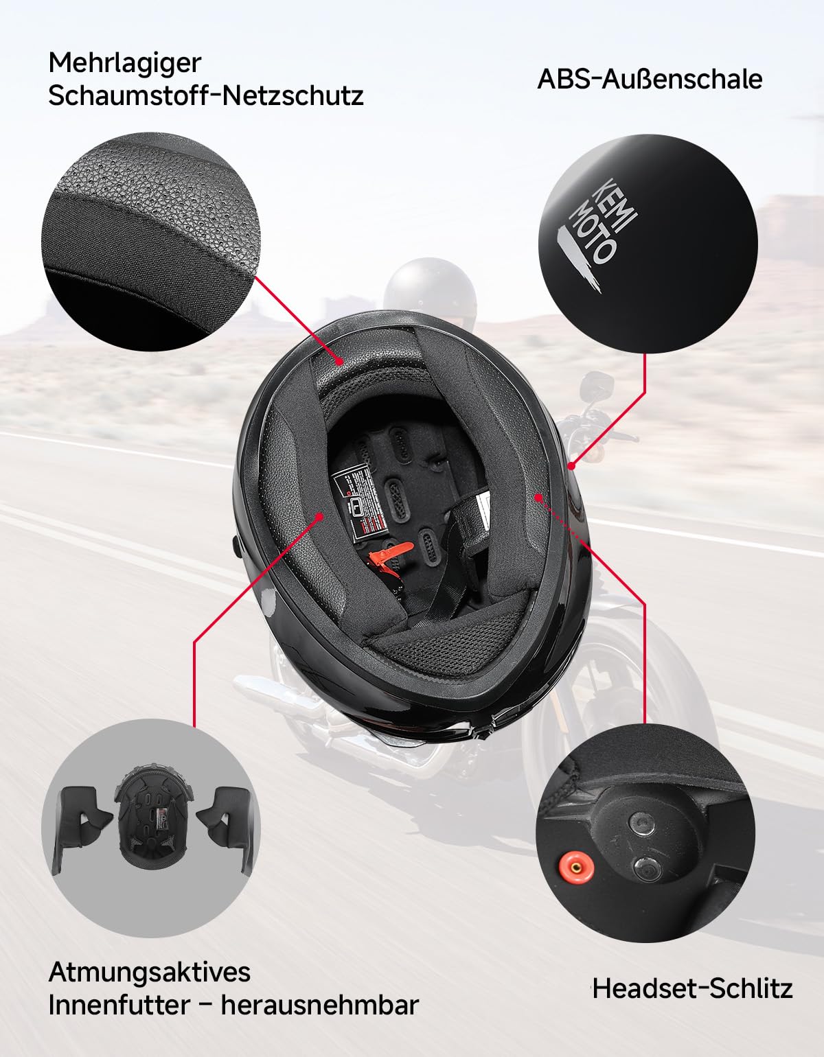 KEMIMOTO Kask integralny ze zintegrowaną osłoną przeciwsłoneczną, certyfikat ECE-R22.06, skorupa ABS, pasuje do motocykli i skuterów