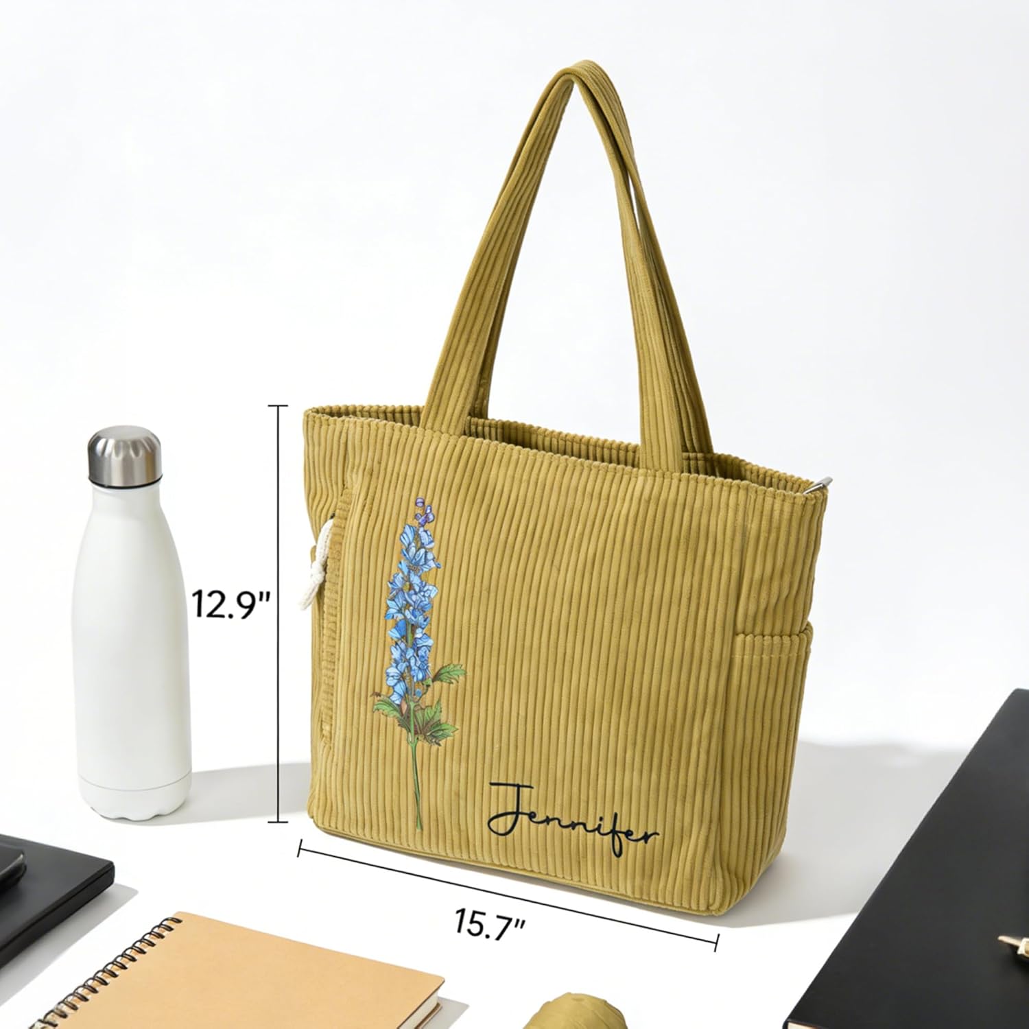 CALLIE Personalized Corduroy Tote Bag for Women | 4 Colors Custom Birth Flower & Name on Cute Corduroy Shoulder Bag with Pockets for Mother's Day Graduation Nurse Week Birthday Gift for Women | Customizable - Image 5