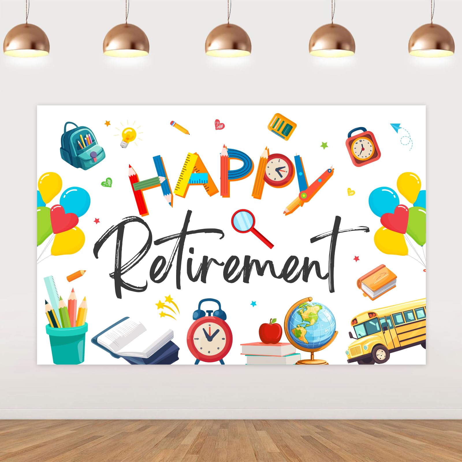 kreat4joy Teacher Retirement Party Decoration Happy Retirement Backdrop Banner 7×5ft Colorful Pen School Background Prop for Woman Man Teacher Party