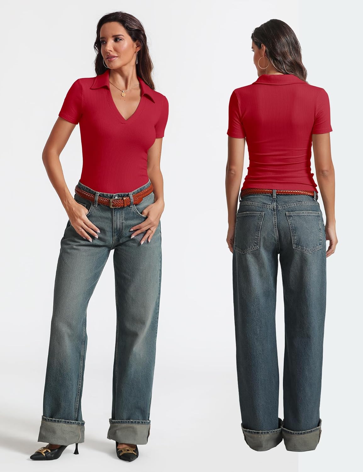 Womens Short Sleeve Business Casual Tops Summer V Neck Polo Work Shirts 2025 Fitted Basic Collared Shirt - Image 3