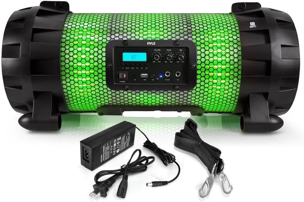 pyle portable wireless boombox stereo rechargeable speaker system with app controlled led beats party lights bluetooth and nfc microphone input aux