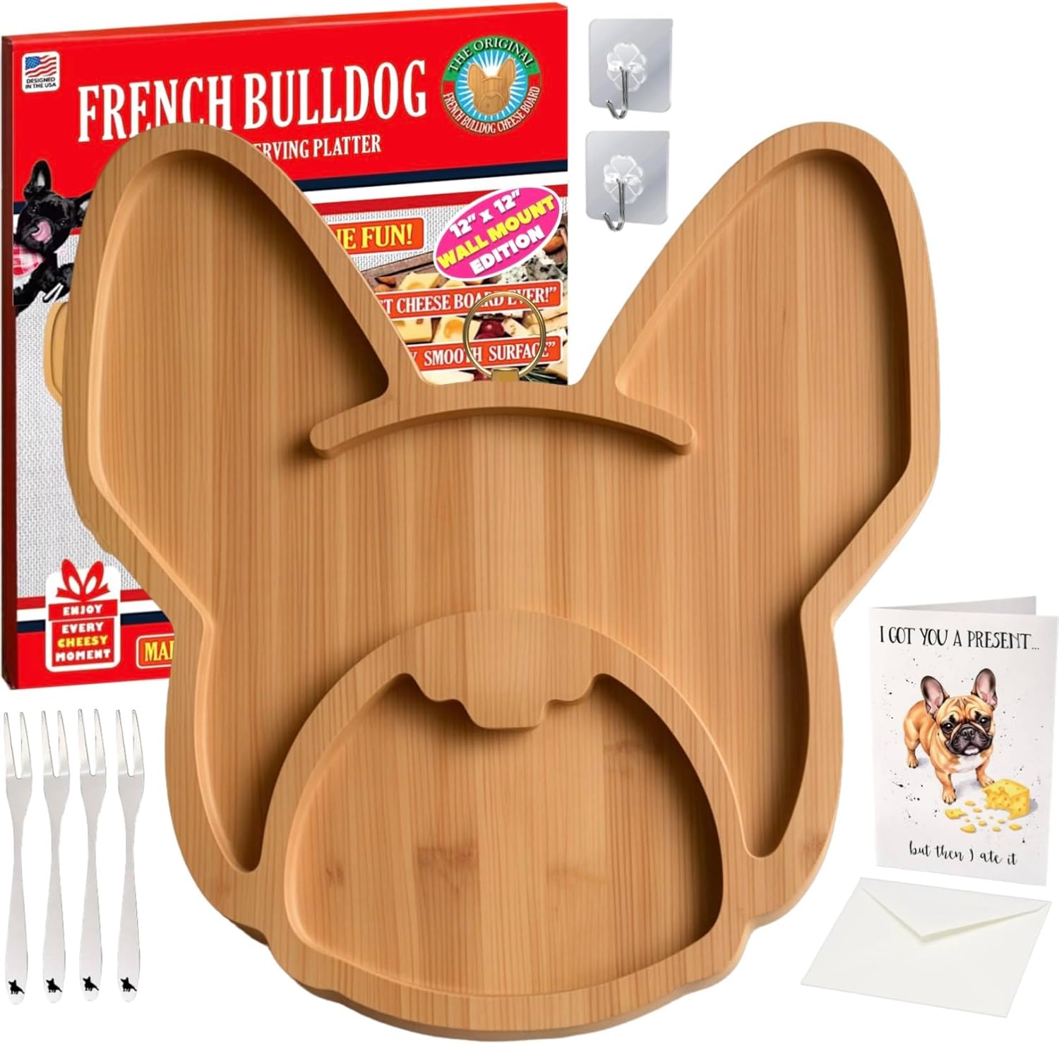 Frenchie The French Bulldog Cheese Board – 12" Cheese Board Set & Wall Mount Frenchie Decor, Novelty Dog Lover Gift Set with Mini Forks, Wall Hooks & Funny Card for Dog Mom Dad Birthday