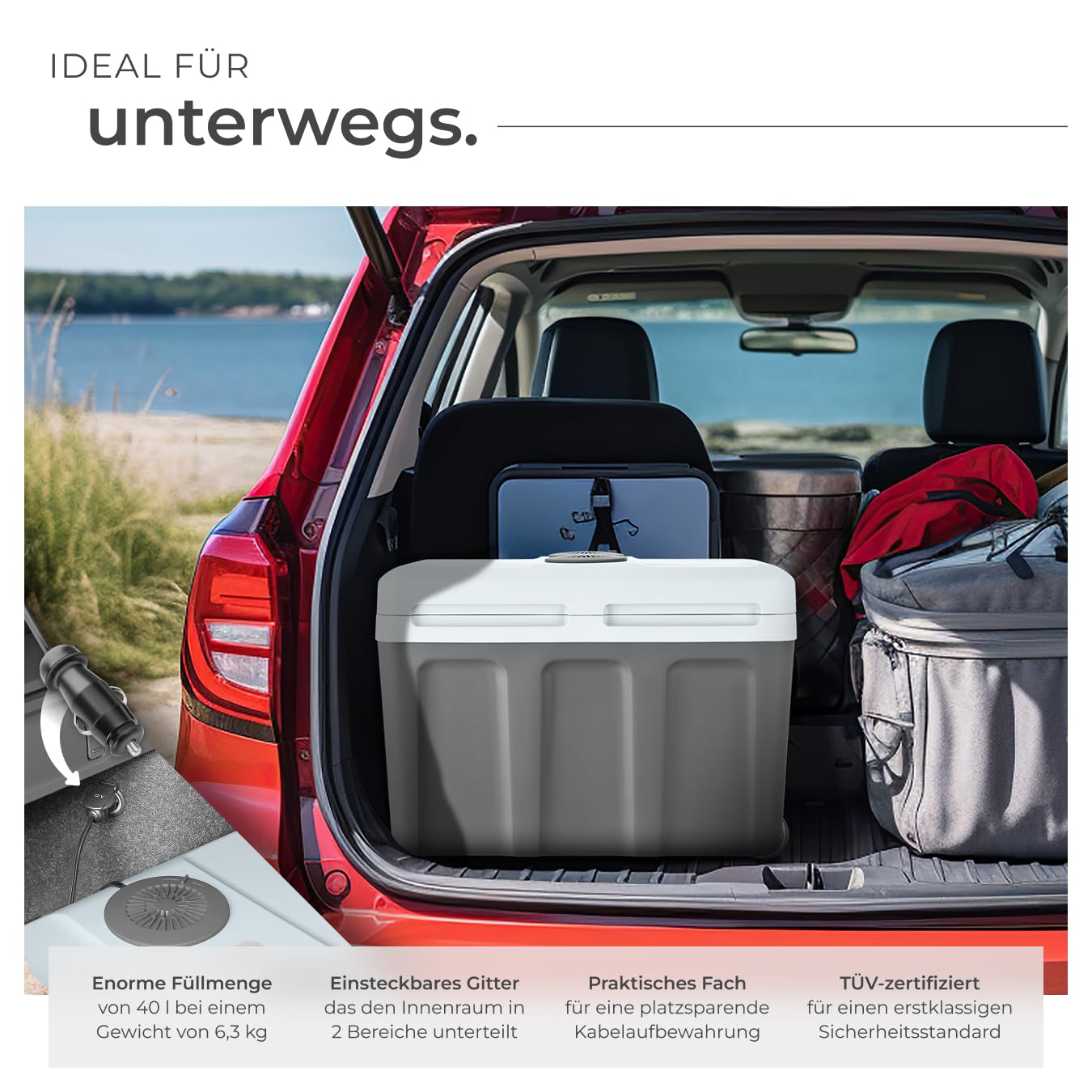 tectake® elektrische Kühlbox groß 40 L, Kühl- und Warmhaltefunktion, leise Kühltasche elektrisch, für Auto oder Steckdose, mini Kühlschrank für Camping, Getränke, Thermobox mit Strom, ECO Mode