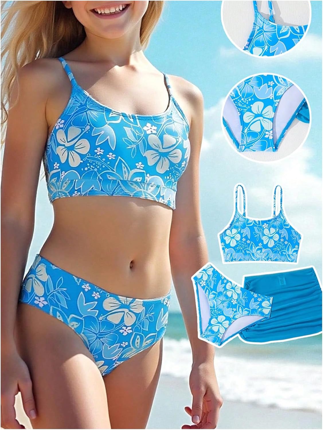SOLY HUX Girl's Floral Print Swimsuits 3 Piece Bikini Set High Waisted Bathing Suit with Coverup Skirt - Image 4