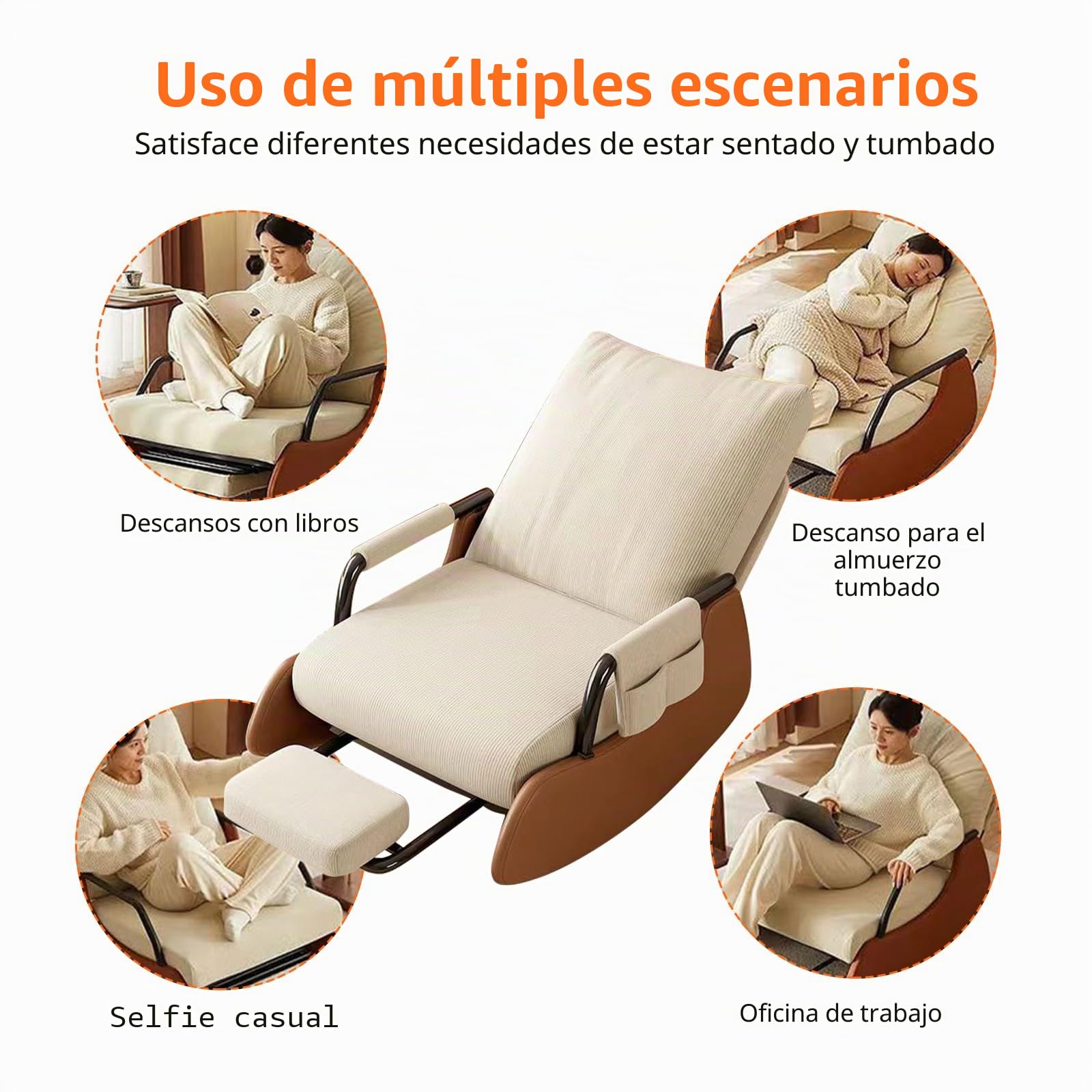 TWSOUL Mecedora, silla de lectura, cómoda silla de salón con respaldo ajustable en 3 posiciones, sillón de relax con reposapiés elástico, sillón mecedora para dormitorio o salón