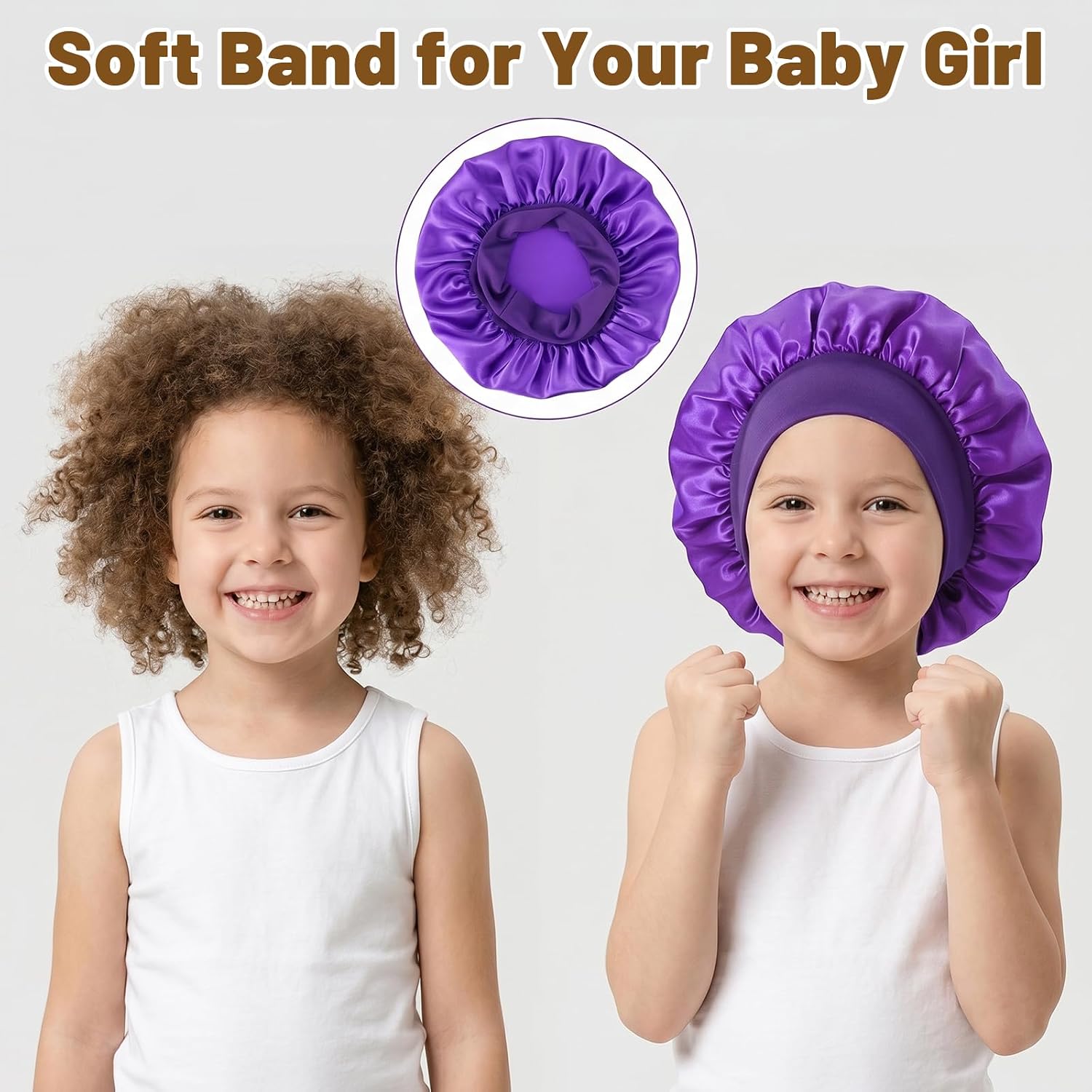YUXIANLB 3 Pcs Baby Bonnets Silk Satin for Kids, Soft Sleeping Hair Cap with Scrunchies Cute Wide Elastic Sleep Band for Girls Curly Hair Boys Teens Toddler Child (Rose+Black+Purple)