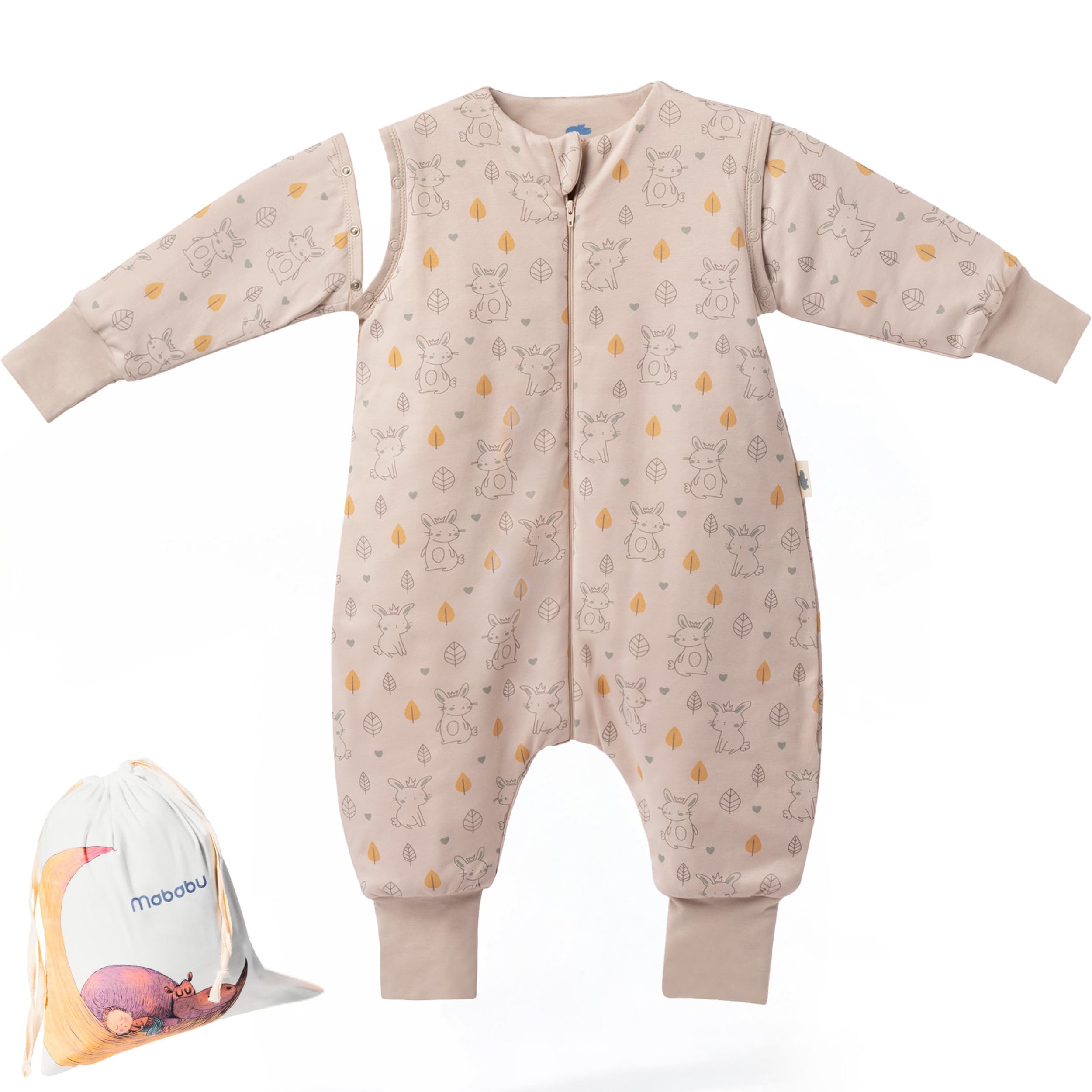 Mababu Ganzjahres Baby Schlafsack mit Füßen & abnehmbaren Ärmeln - 2.5 TOG - Bio-Baumwolle - Ganzjähriger Kinderschlafsack mit Füßen- umklappbare Bündchen - Herbst & Winterschlafsack - 70cm, Hase