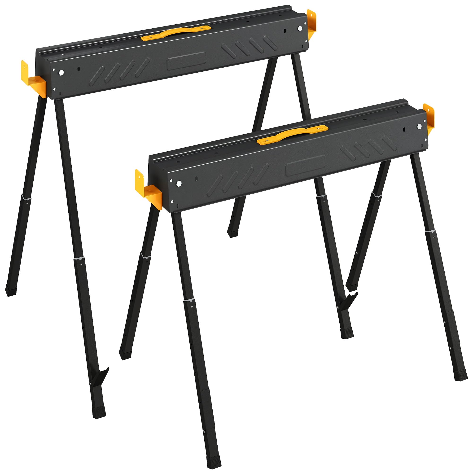 HOMCOM Set de 2 Caballetes para Sierra Plegables, Banco de Trabajo, Altura Ajustable, para Madera 2x4, con Asa, Ganchos, Base Antideslizante, para Carpintería y Bricolaje, Soporta hasta 500 kg, Negro