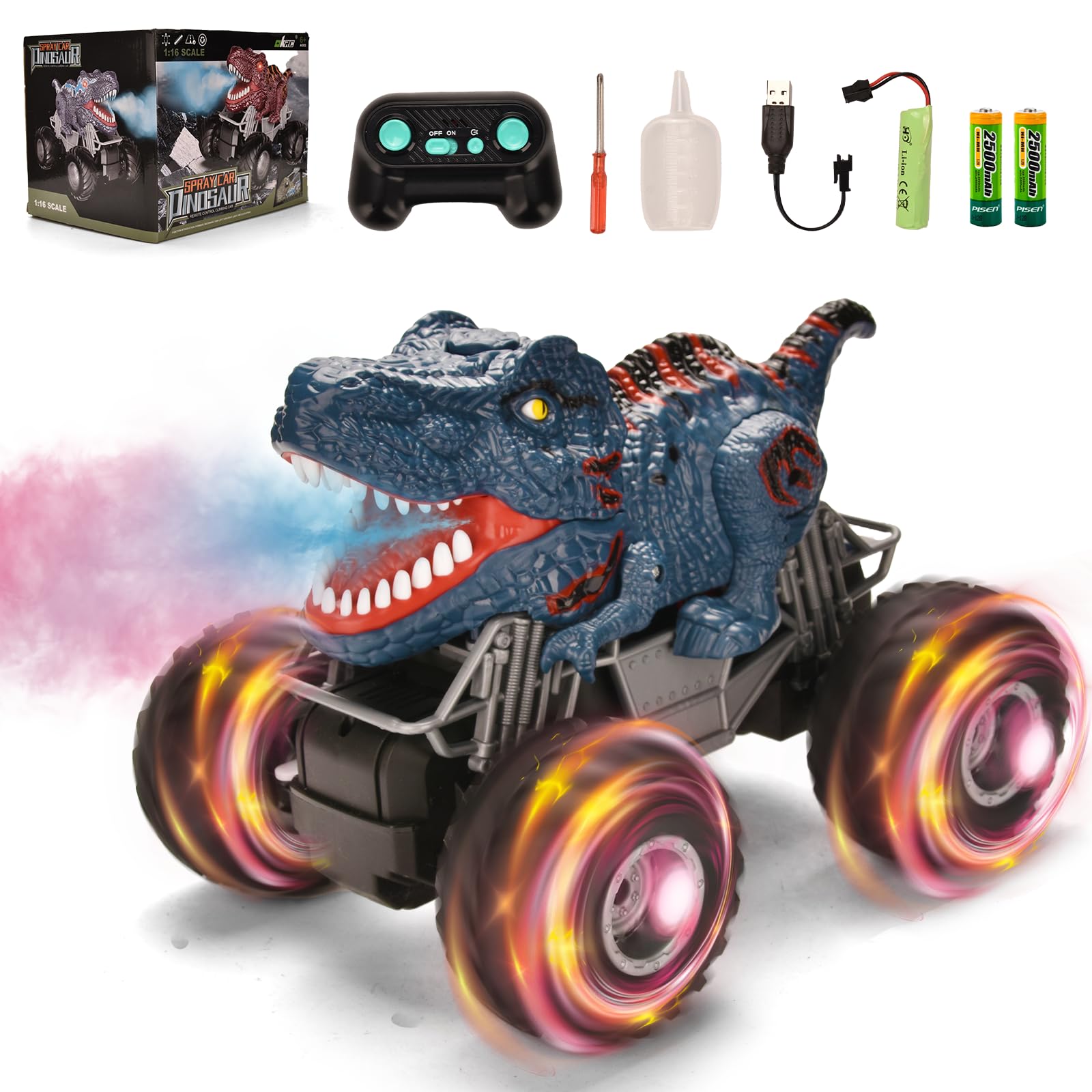 Hodlvant Remote Control Cars Toy, 2.4GHz Cartoon RC Monster Truck with Spray Mist Music LED Lights, 1:16 Scale Dinosaur Monster Truck Toys Gifts for 3 4 5 6 7 8 Year Old Boy Gifts Birthday Presents