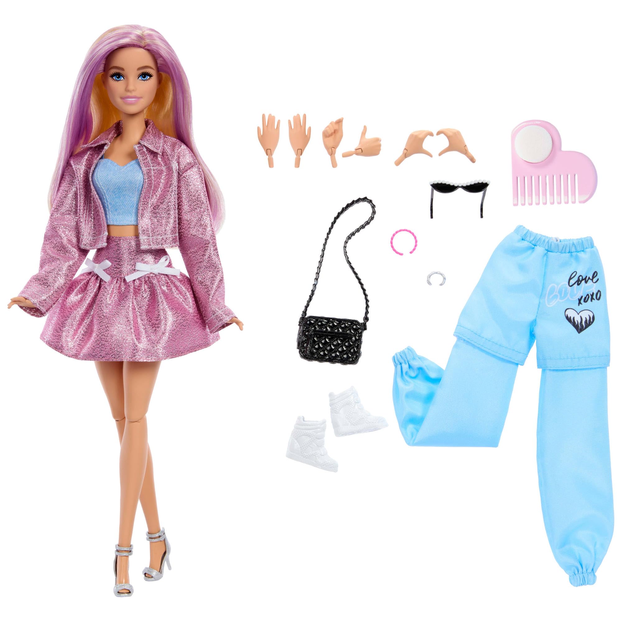 Barbie Lalka Deluxe Style w metalicznie różowej spódnicy i kurtce