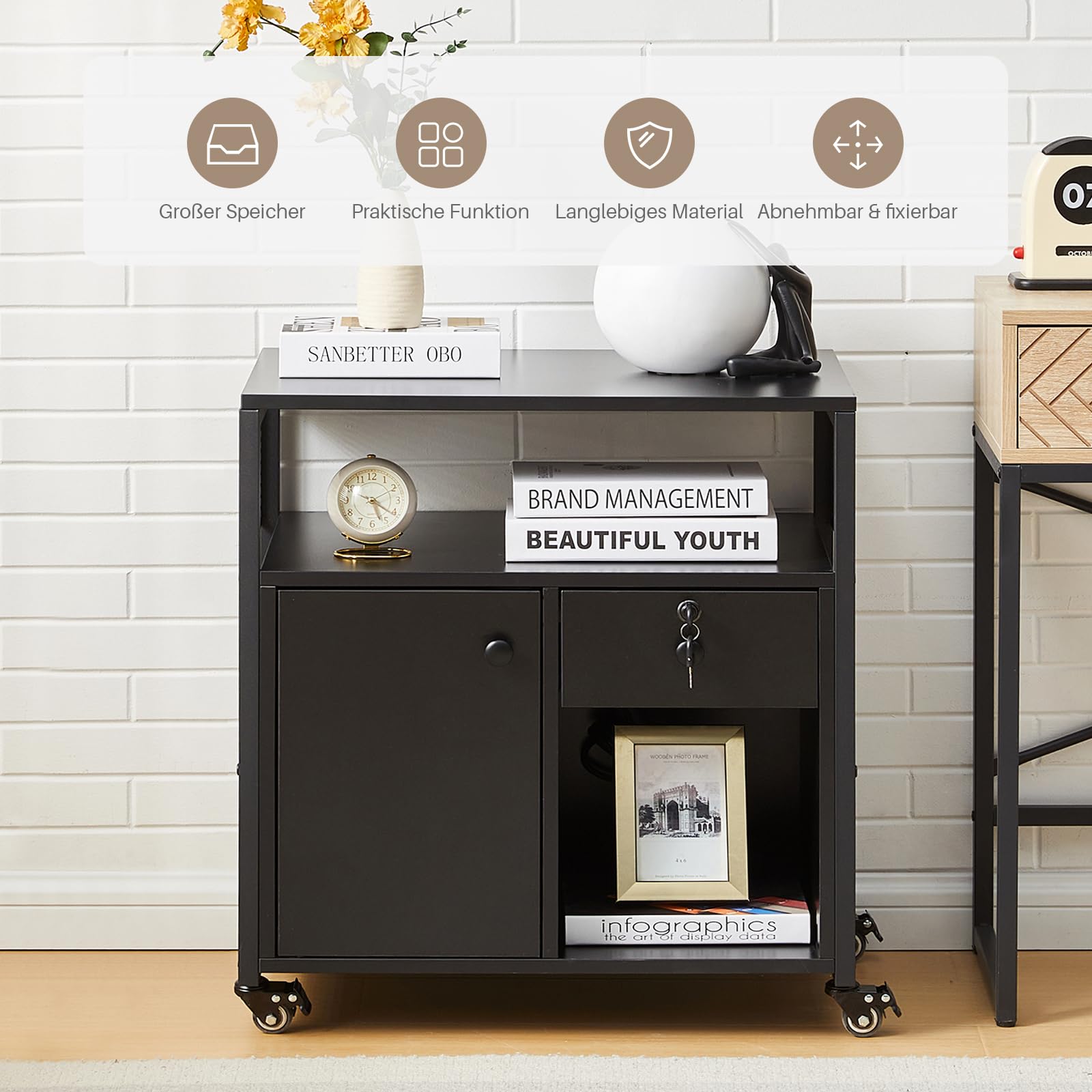 TUKAILAi Caisson de Bureau Rangement Avec USB Port, Caisson Imprimante Mobile à Tiroir Verrouillables, Caisson Imprimante Mobile avec Roulettes pour Format A4 Style Industriel (Noir)