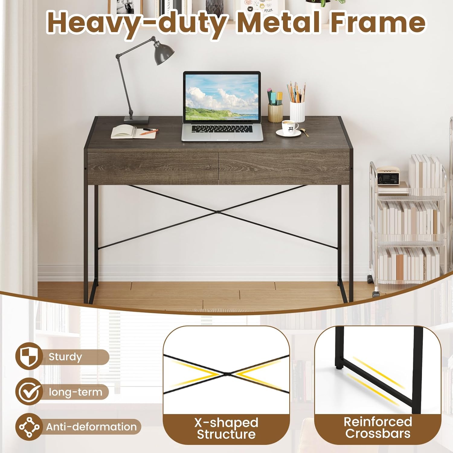 Giantex Computer Desk with 2 Drawers, 44 Inch Home Office Desk with Anti-Toppling Device & Metal Frame, Compact Laptop PC Table, Vanity Table, Modern Study Writing Desk for Small Spaces (Grey Oak)