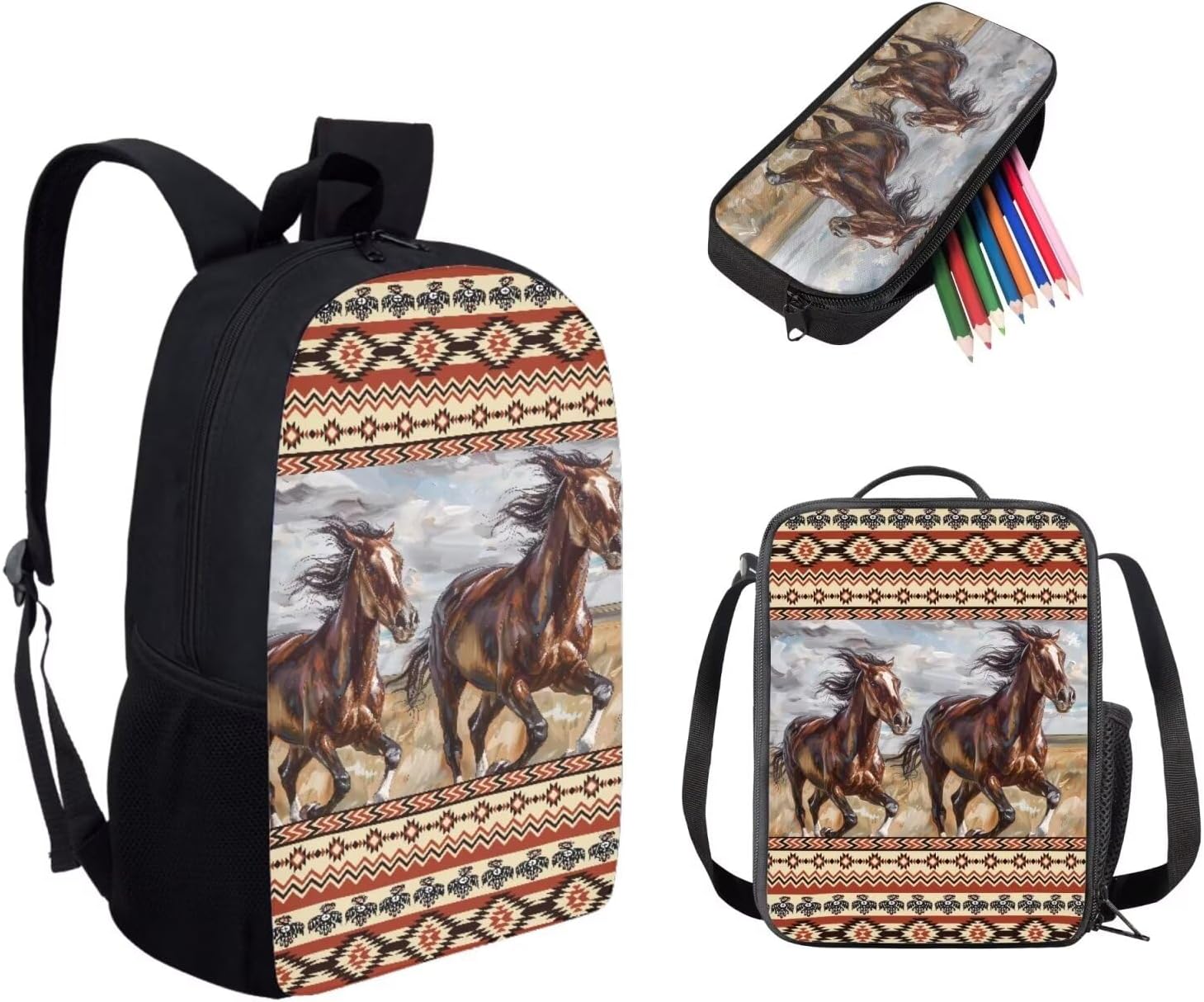 chaqlin Kids Backpack for Preschool Elementary Middle School Kindergarten College Horse Backpack with Lunch Box Pencil Case Asethetic Bookbag Set 3 Piece