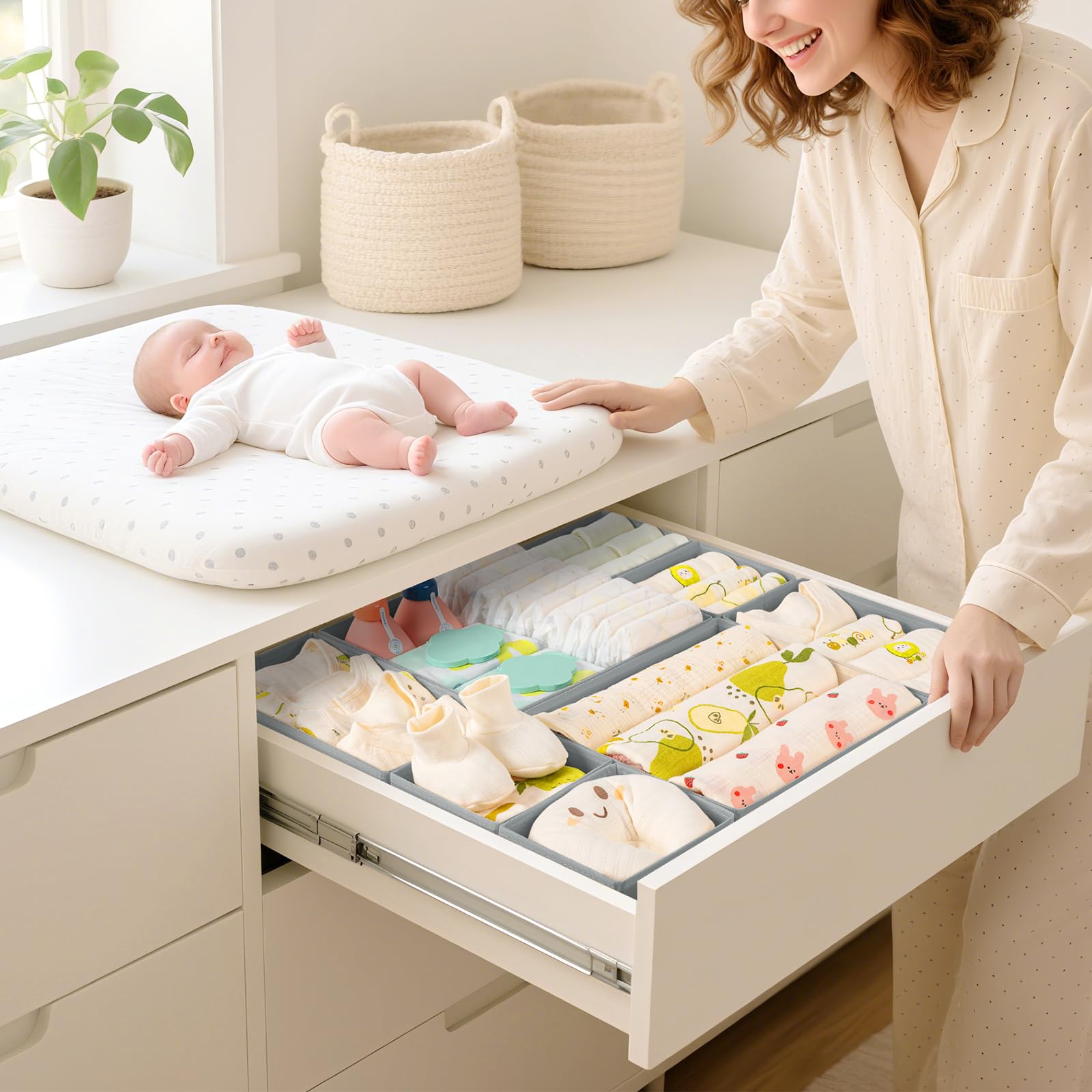 DIMJ Organizer na bieliznę – szuflady na ubrania Drawer organizer do szuflady, 12 sztuk ubrań dla niemowląt, spodni, skarpet, szary