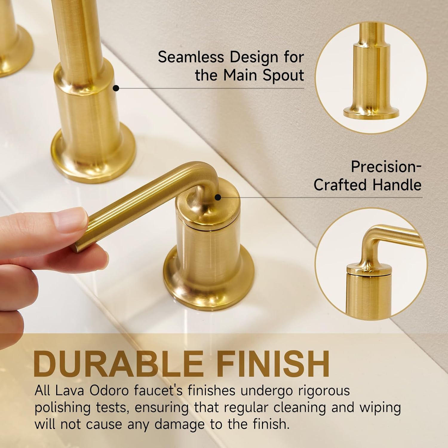 Lava Odoro Gold Bathroom Faucet 3 Hole, 8 Inch Widespread Bathroom Faucet Brass Gold 2 Handle Bathroom Sink Faucet with Drain Assembly Supply Line, BF503-SG