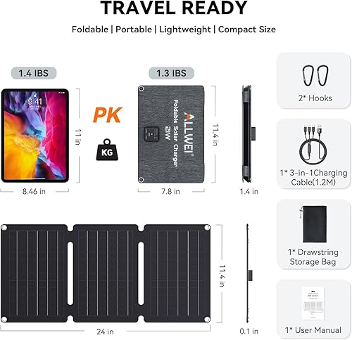 Miniatura 6 de ALLWEI Cargador solar portátil de 21 W (5 V3 A), cargador de panel solar plegable con 2 puertos USB-A, cargador de teléfono solar impermeable IP68