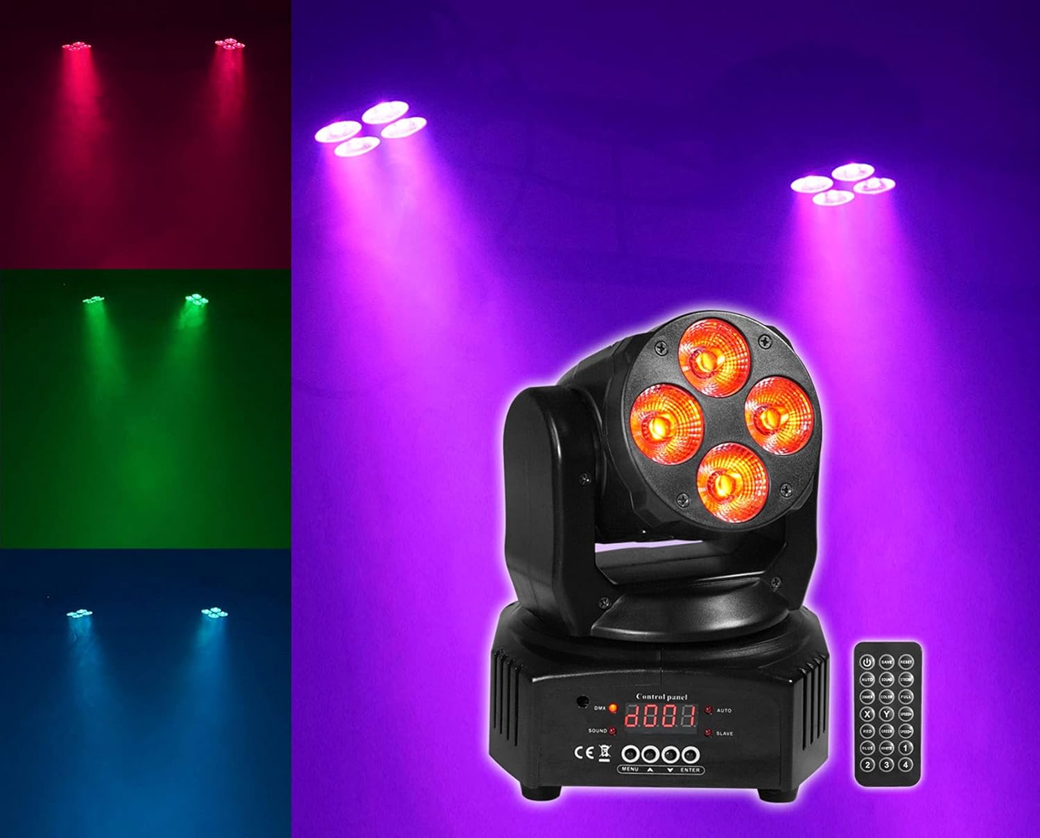 Rockville RockOn-7 40W RGBW Moving Head Wash Light, 4x10W LEDs, DMX & Sound Modes, Full-Function Remote, for DJs, Clubs, Stage Lighting