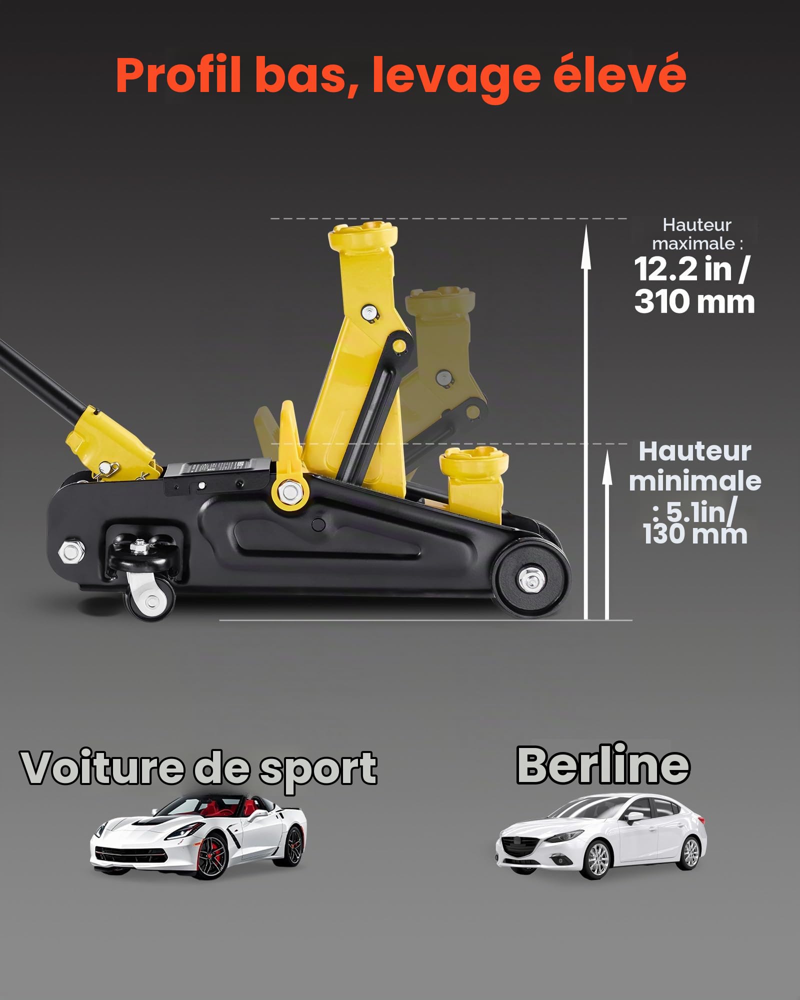 VEVOR Cric Hydraulique à Profil Bas Capacité 1,5 T, Cric Rouleur en Acier, Plage de Levage 13-31 cm, avec Pompe de Levage Rapide à Piston Unique, pour Lever Voitures de Sport Berlines Entretien Auto