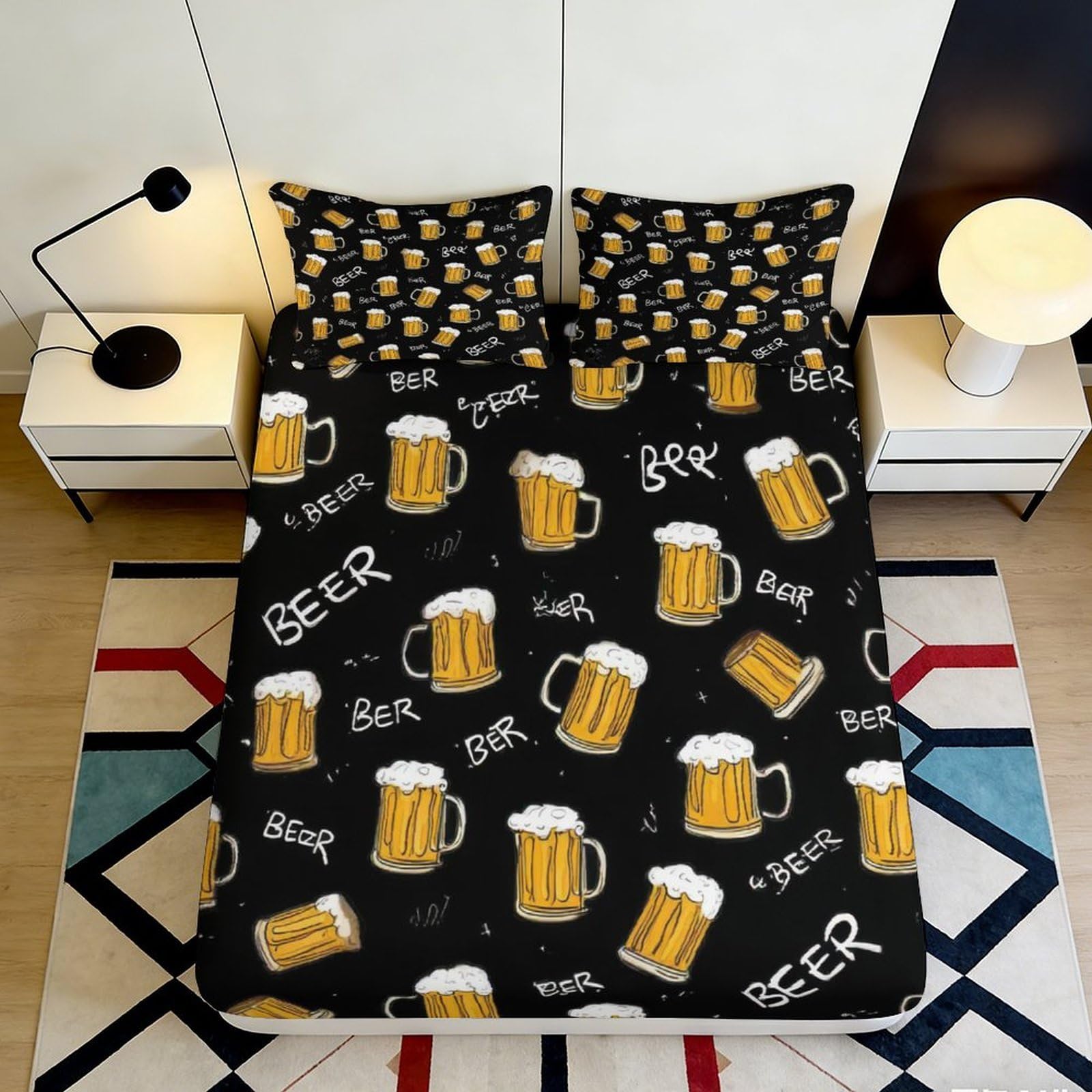 Uxinyoume Style-8 3D Printed Beer Mug Fitted Sheet Microfiber Soft Black Bed Cover For Bedroom Dorm Mattress Protection Decor 90X200x25cm