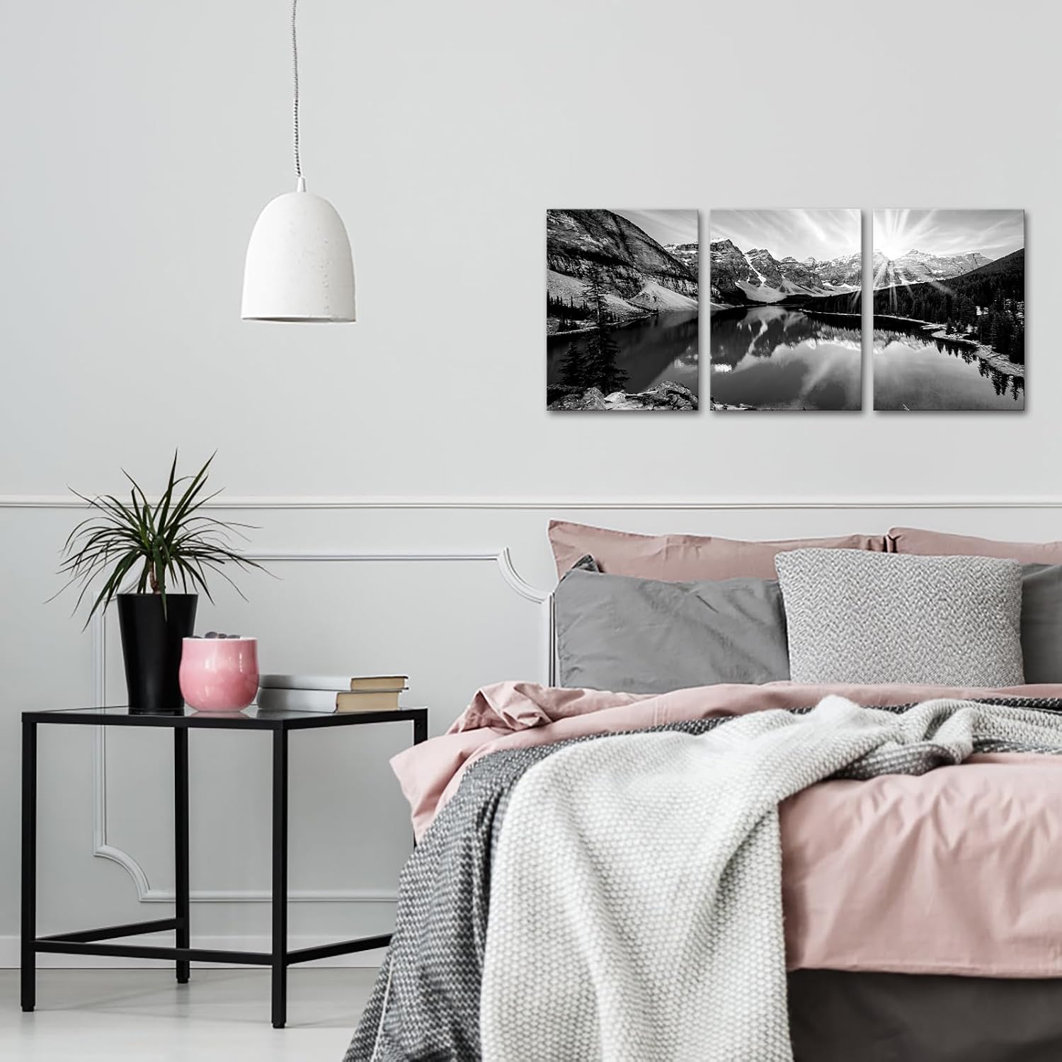 NutArtPic Black White Snow Mountain Wall Art Colorado Rocky Mountains and Moraine Lake at Sunrise Picture Canvas Framed (Small, Black White)