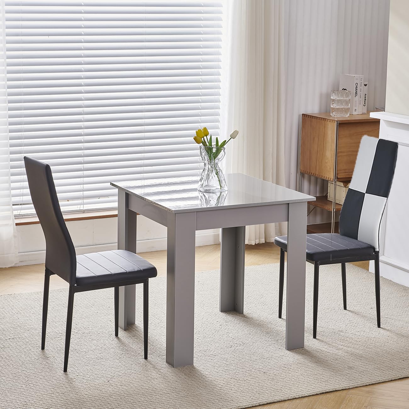 Homullel 75x75 cm Small Dining Table and 2 Chairs, 2 Seater Table and Chairs Set Kitchen Dining Room Set for 2, Compact, Space Saving, Wooden, Glossing Tabletop Grey (2 Seats, Faux Leather Checkered)