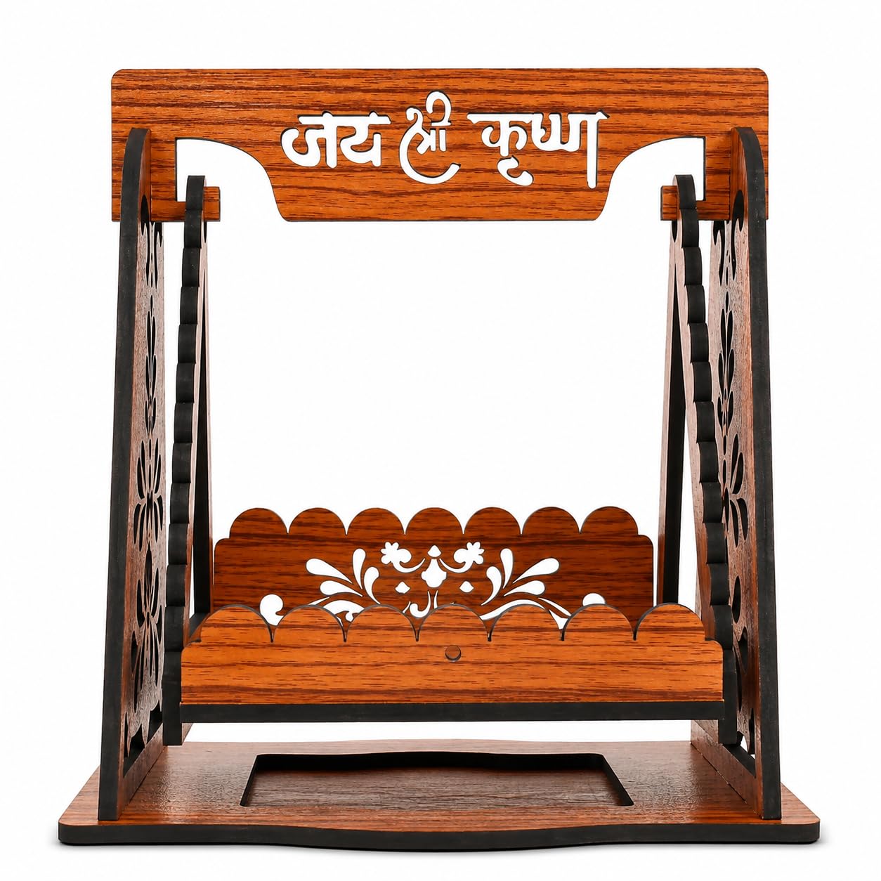 Jai Shri Krishna Wooden Jhula for Laddu Gopal, Brown | Floral Laser Cut Design, Decorative Swing, Pooja Decor, Handcrafted Wood, Temple Accessory-picture-21